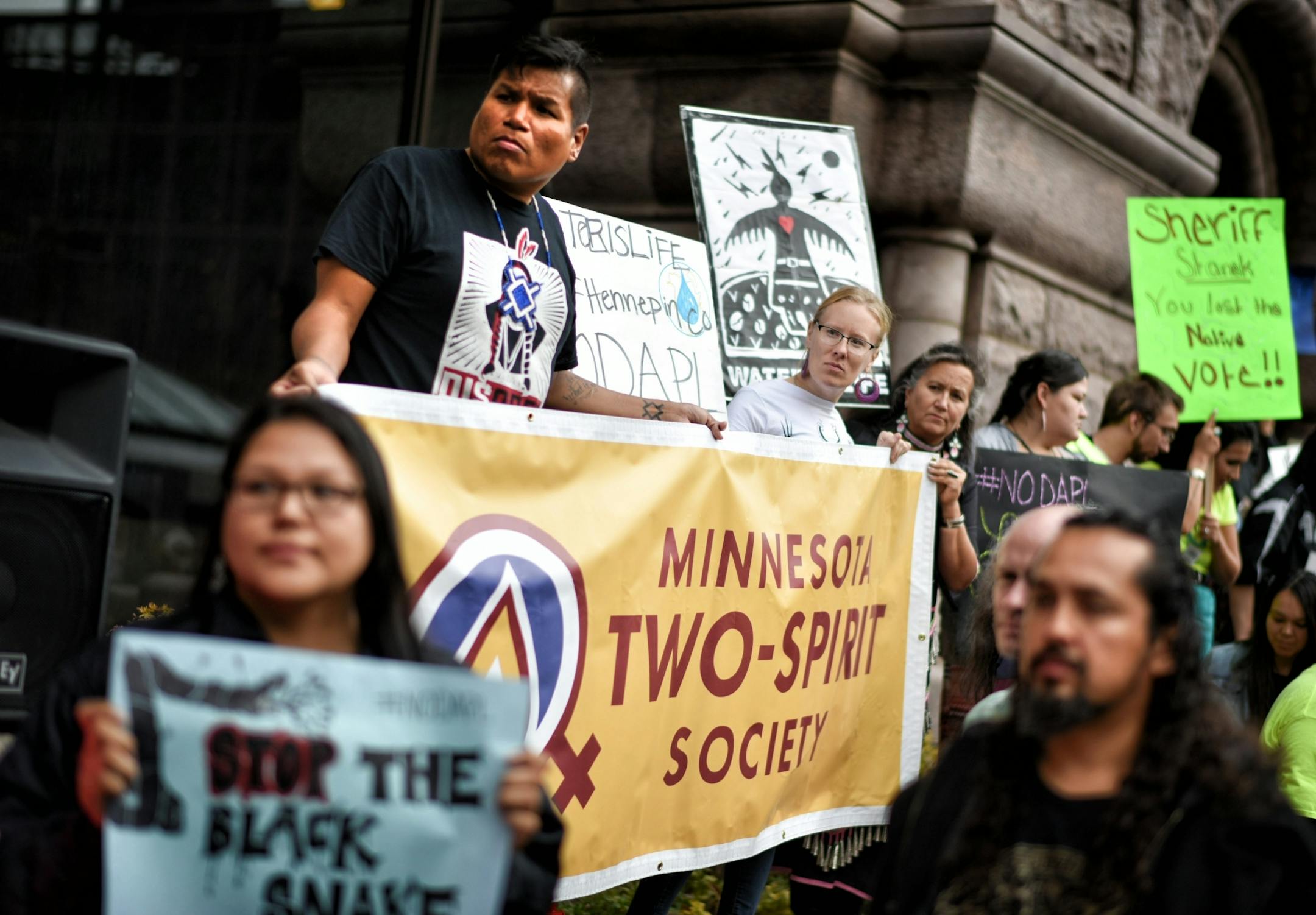 Protesters outside Minneapolis City Hall were angered that Hennepin County Sheriff deputies were participating in Standing Rock where Native People are fighting the pipeline.