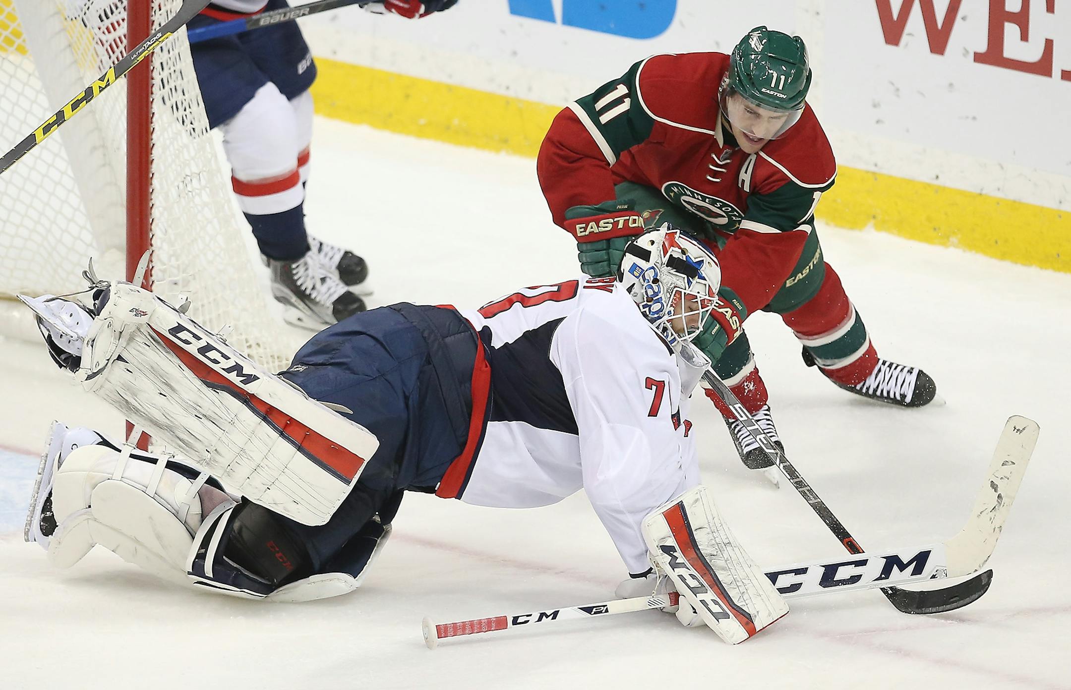 Washington Capitals goalie Braden Holtby defended against Minnesota Wild left wing Zach Parise in the third period as the Wild took on Washington at the Xcel Energy Center, Thursday, February 11, 2016 in St. Paul, MN. The Capitals defeated the Wild 4-3.