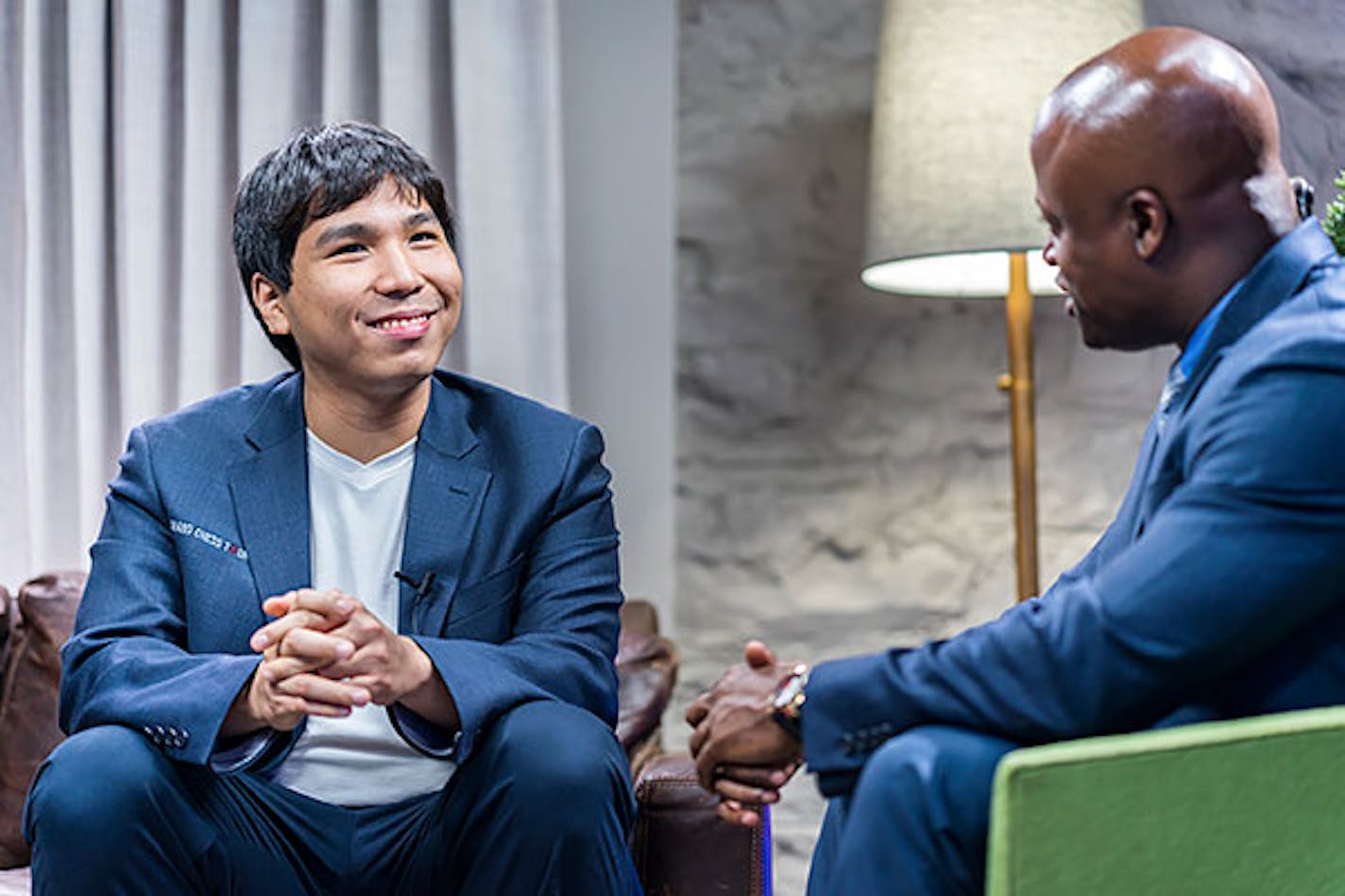 Wesley So, a chess grandmaster from Minnetonka, is interviewed by Maurice Ashley, who provided online analysis during the Sinquefield Cup tournament.