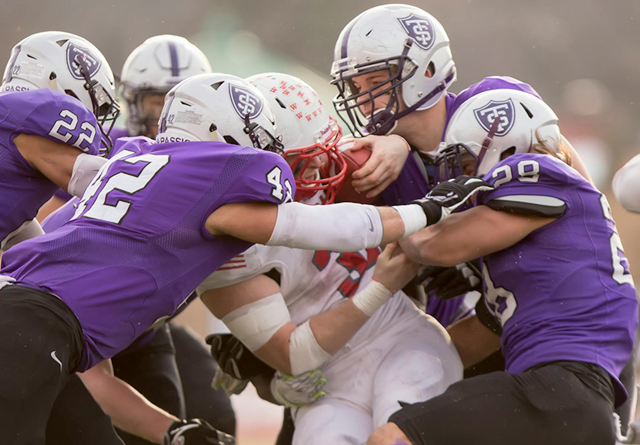 The St. Thomas defense smothered the Wabash offense for most of the game and had a shut out until early in the fourth quarter as the University of St. Thomas Tommies hosted the Wabash College Little Giants on December 5, 2015.