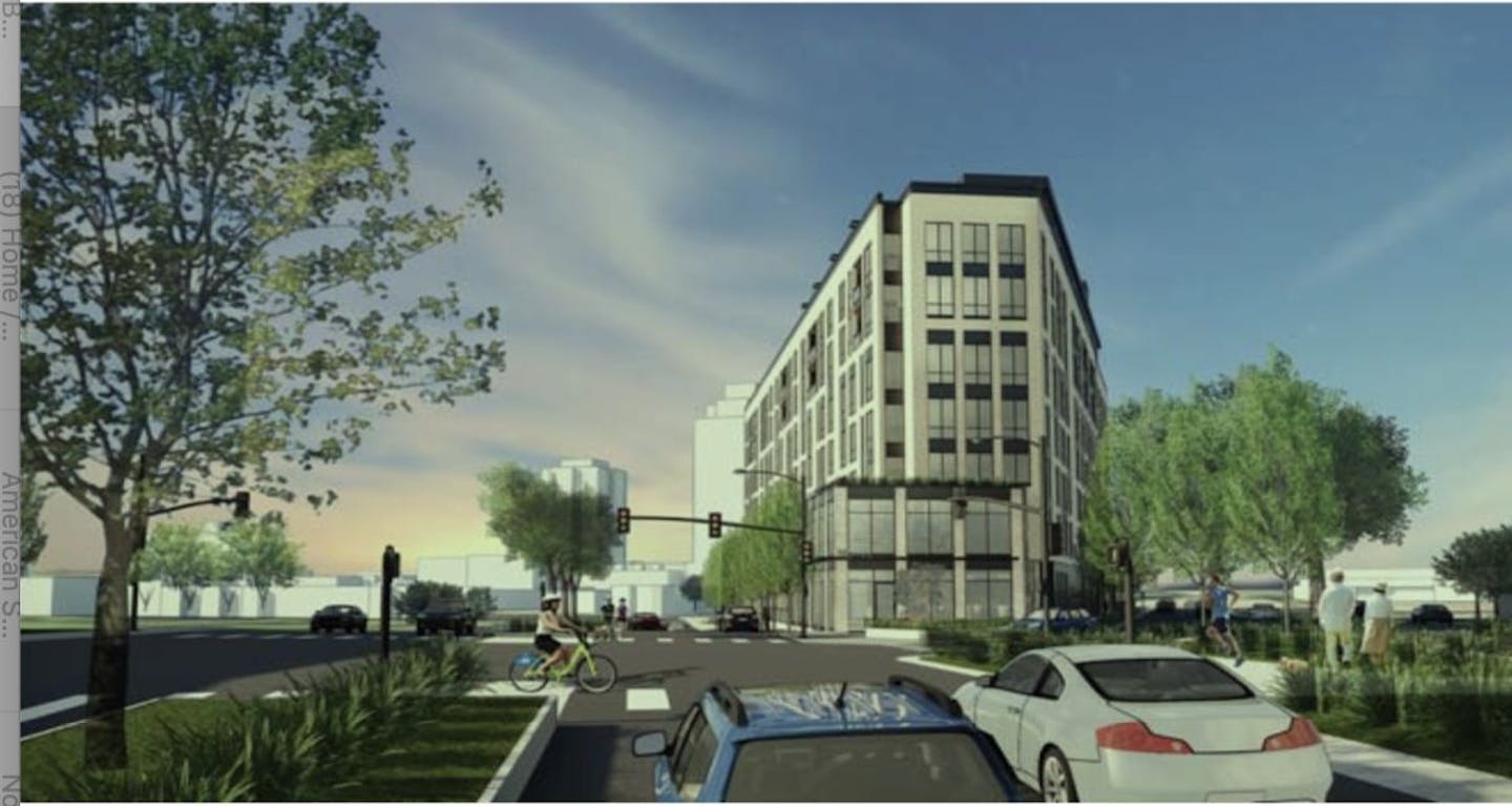 Blaine-based Elevage Group submitted revised plans to the city for The West Lake Street Hotel and Condos project at 3012 Excelsior Blvd. It would replace a gas station on a triangular-shaped block that also houses a fire station at the well-traveled intersection of West Lake Street and Excelsior Boulevard between Bde Maka Ska (Lake Calhoun) and Lake of the Isles. Rendering provided by ESG Architects.