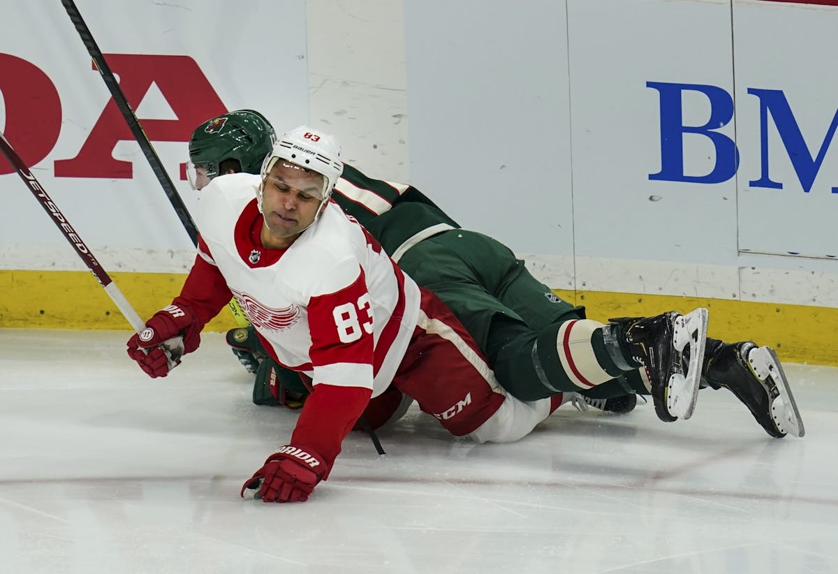 Minnesota Wild left wing Marcus Foligno (17) and Detroit Red Wings defenseman Trevor Daley (83) collided at the sideboard in the third period.