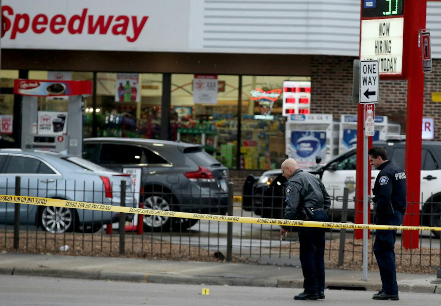 The scene near 25th St. and Bloomington Ave. S, where a man was seriously wounded by gunfire in the parking lot of a Speedway Tuesday, Nov. 6, 2018, in Minneapolis.