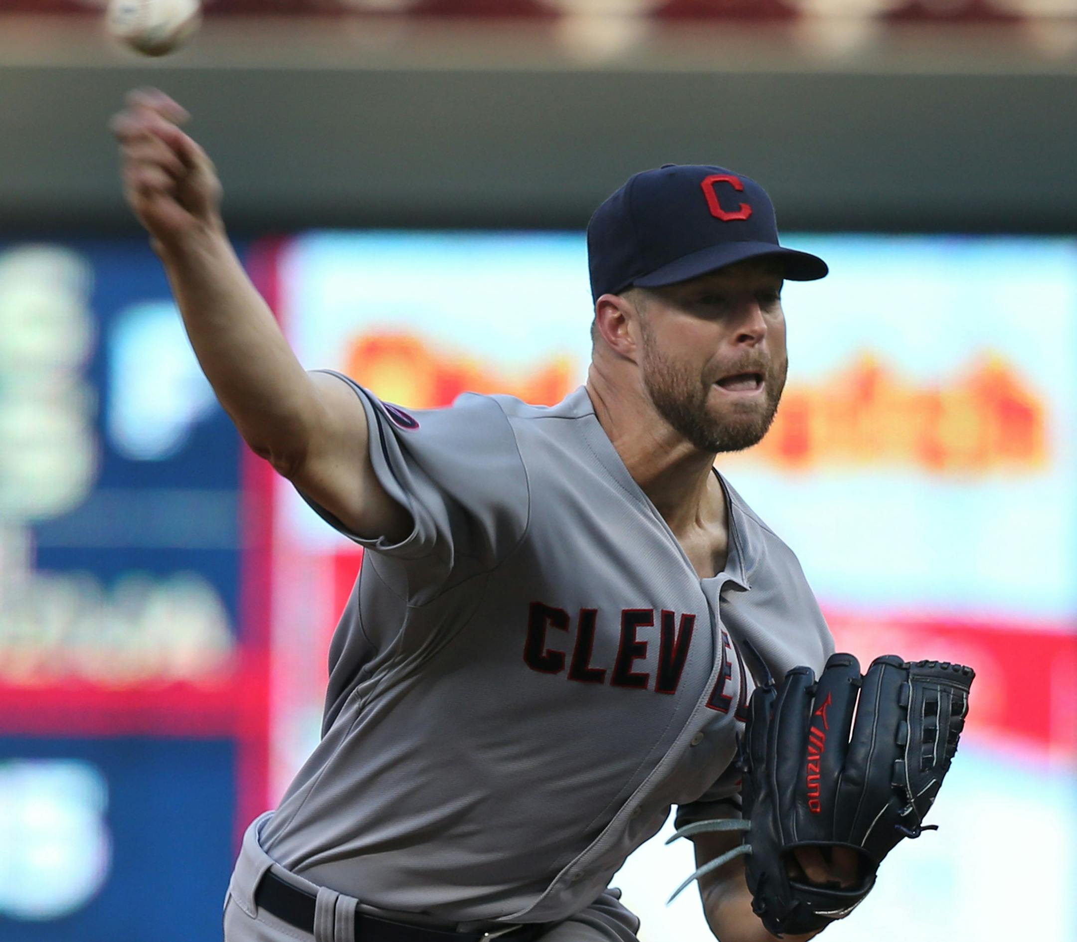 Cleveland Corey Kluber pitched in the first inning. ] (KYNDELL HARKNESS/STAR TRIBUNE) kyndell.harkness@startribune.com Twins vs Cleveland in Minneapolis , Min., Friday August 14, 2015.