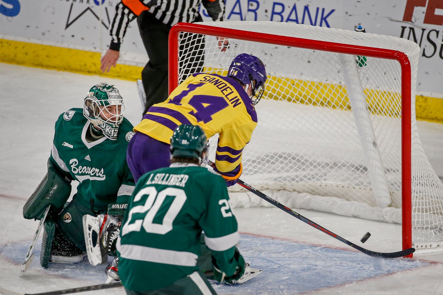 Minnesota State forward Ryan Sandelin (14) scores a goal past Bemidji State goalie Zach Driscoll (33) during an NCAA hockey game on Friday, Dec. 18, 2020, in Mankato, Minn. (AP Photo/Bruce Kluckhohn)