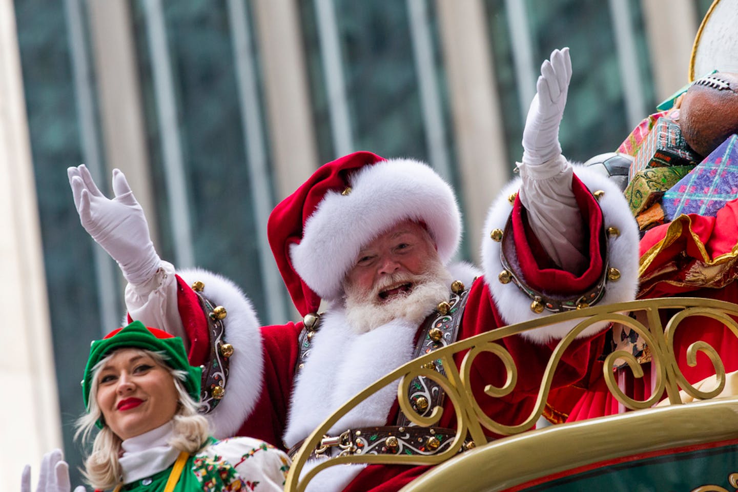 Santa Claus waves during the Macy's Thanksgiving Day Parade, Nov. 28, 2019, in New York. Macy's said Santa Claus won't be greeting kids at its flagship New York store this year due to the coronavirus, interrupting a holiday tradition started nearly 160 years ago. However, Macy's said the jolly old man will still appear at the end of the televised Macy's Thanksgiving Day parade.