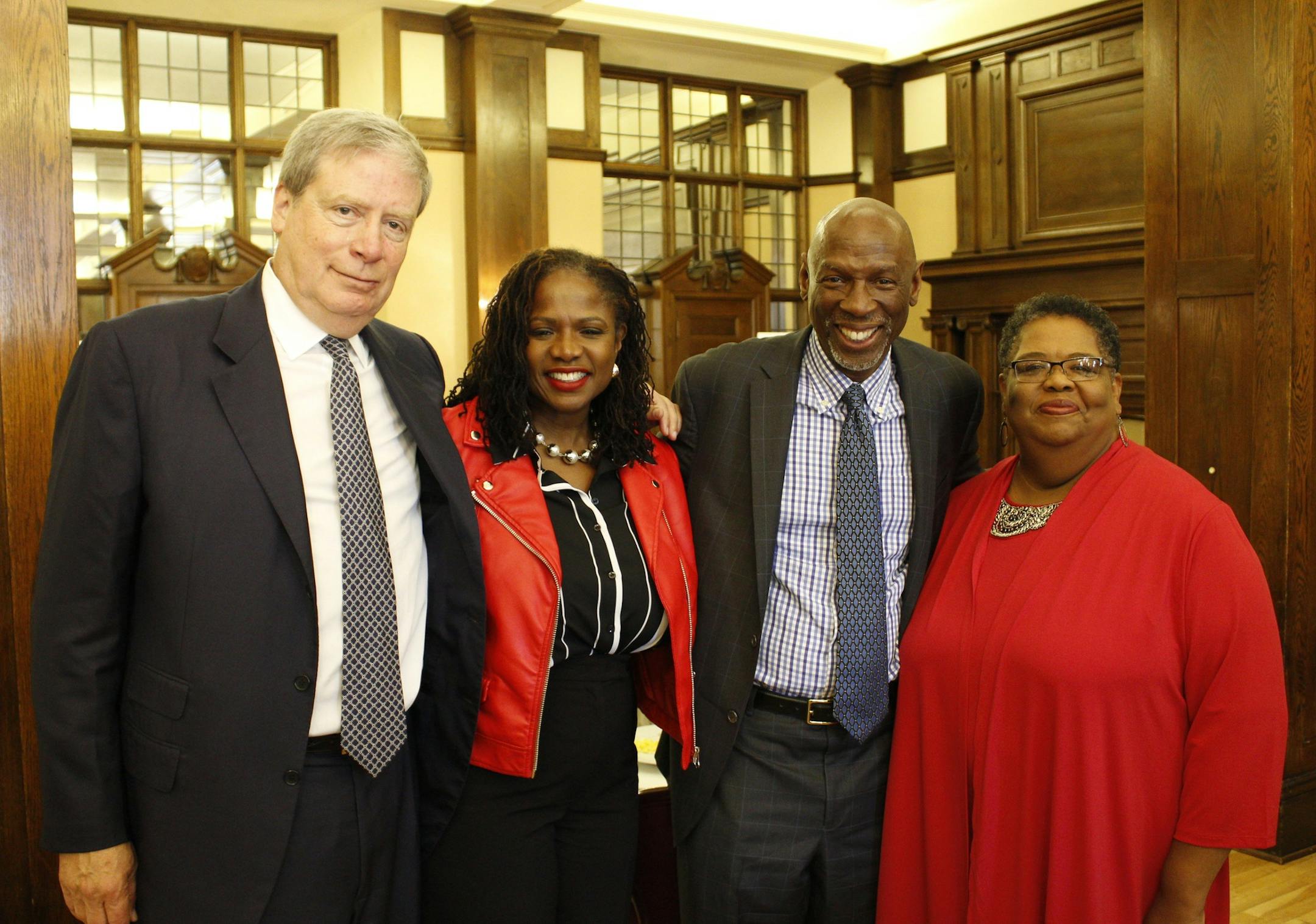 Stanley Druckenmiller, the legendary investor and chairman of the Harlem Children's Zone; CEO Sondra Samuels of the Northside Achievement Zone (NAZ); Geoffrey Canada, founder of the Harlem Children's Zone; and COO Karen Kelley-Ariwoola of NAZ.
Photo: Chris Heng/NAZ