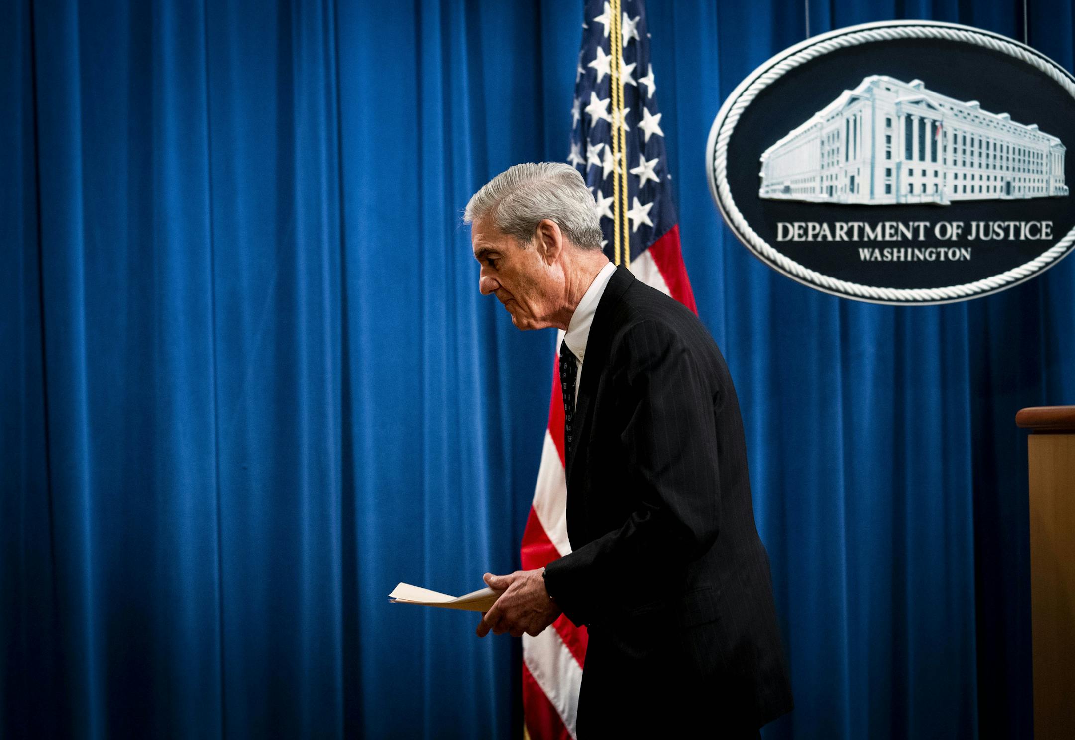 Robert Mueller, the special counsel, turns to leave after speaking about the Russia investigation at the Justice Department in Washington on Wednesday morning, May 29, 2019. Mueller characterized for the first time his investigation of whether President Donald Trump obstructed justice, saying “if we had had confidence that the president clearly did not commit a crime, we would have said so.” (Doug Mills/The New York Times)