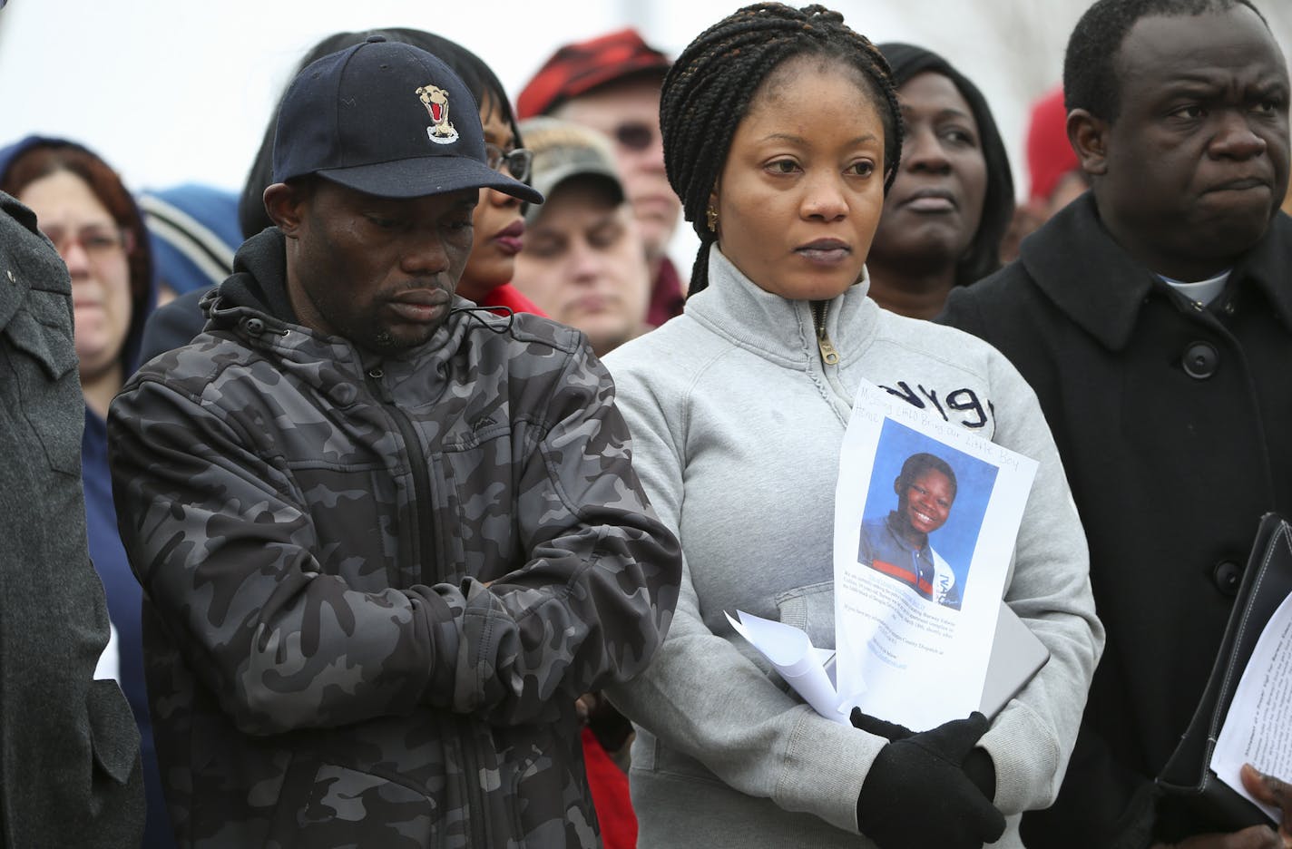 Barway's parents, Pierre and Yamah Collins stood with supporters at the vigil Monday afternoon in Crystal. ] JEFF WHEELER &#xef; jeff.wheeler@startribune.com Family, friends, neighbors and members of the Liberian community gathered in the parking lot of the apartment complex in Crystal where his family lives to hold a prayer vigil for Barway Collins, the 10-year-old boy who has been missing since Wednesday.