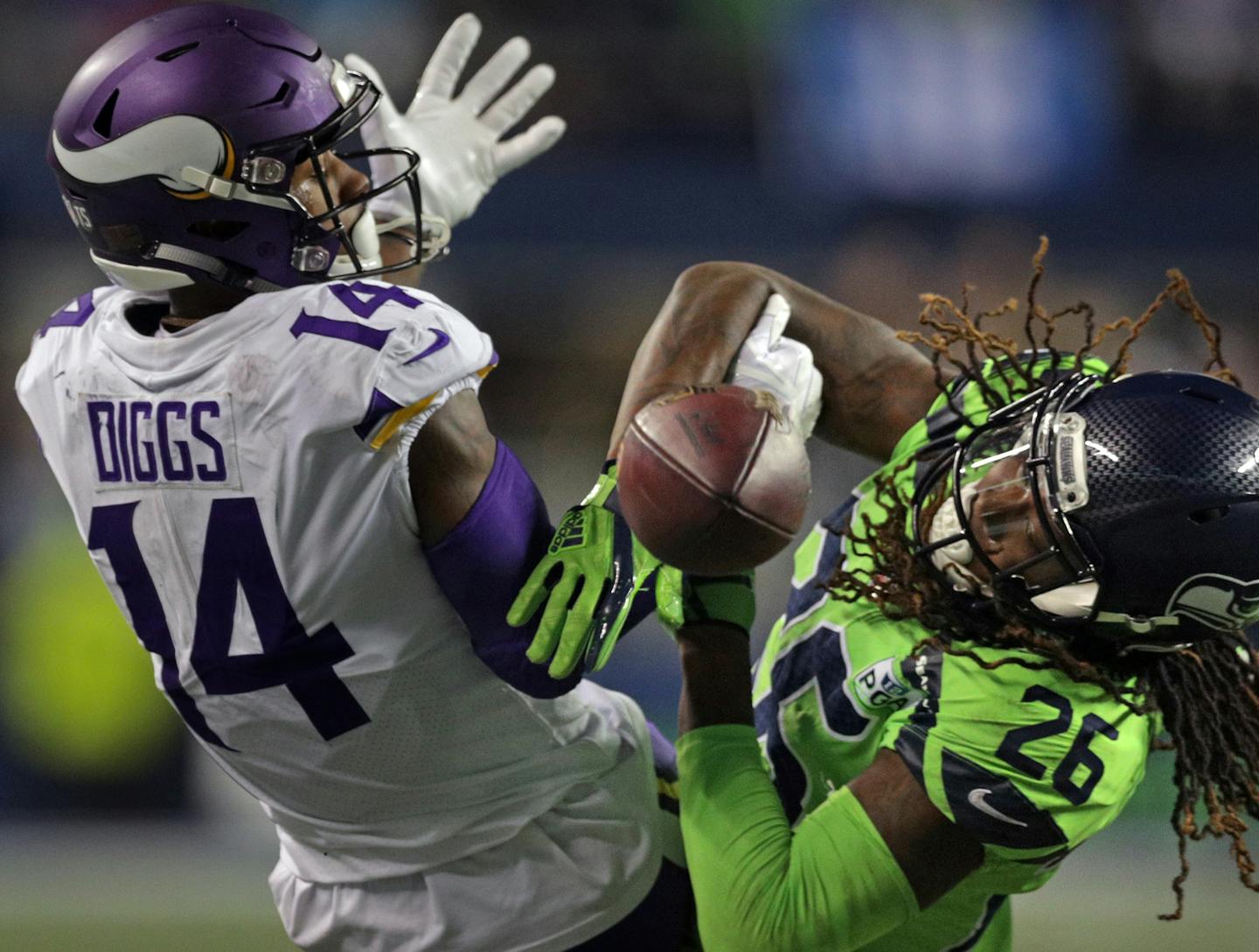 Dec. 10, 2018, at Seattle: The Vikings lost 21-7 to the Seahawks, during which this fourth-quarter pass intended for Stefon Diggs was broken up by Seattle's Shaquill Griffin.