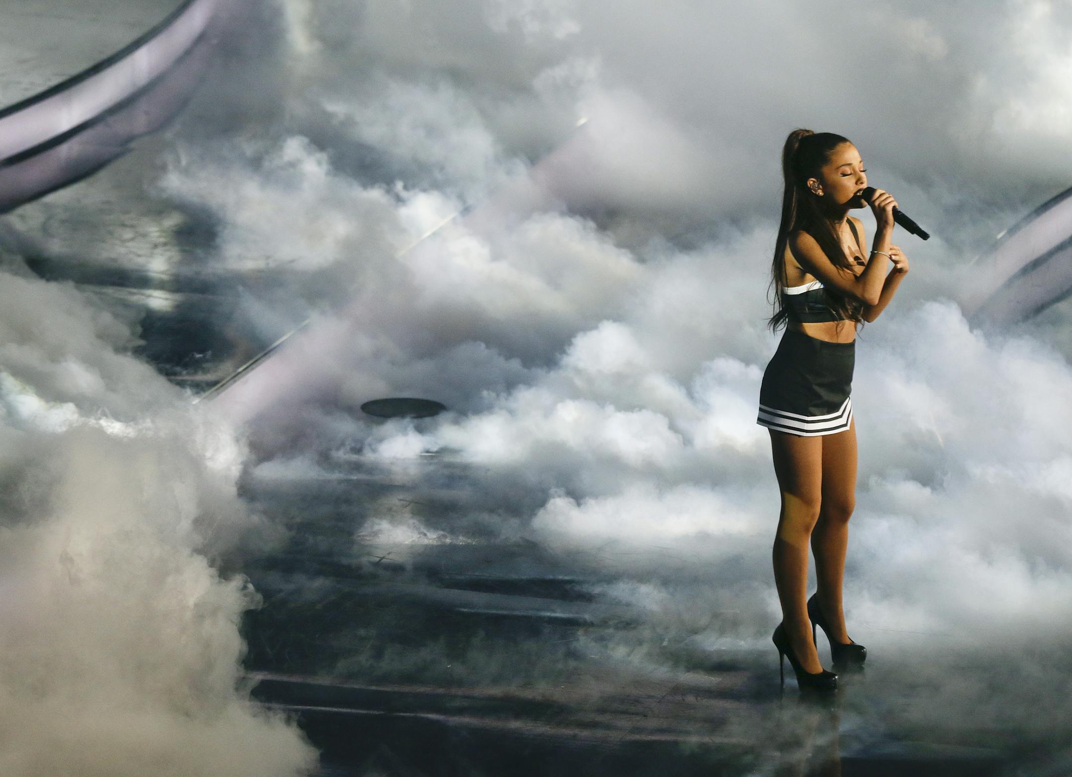 Ariana Grande performs during the halftime show of the NBA All-Star basketball game Sunday, Feb. 15, 2015, in New York. (AP Photo/Frank Franklin II)