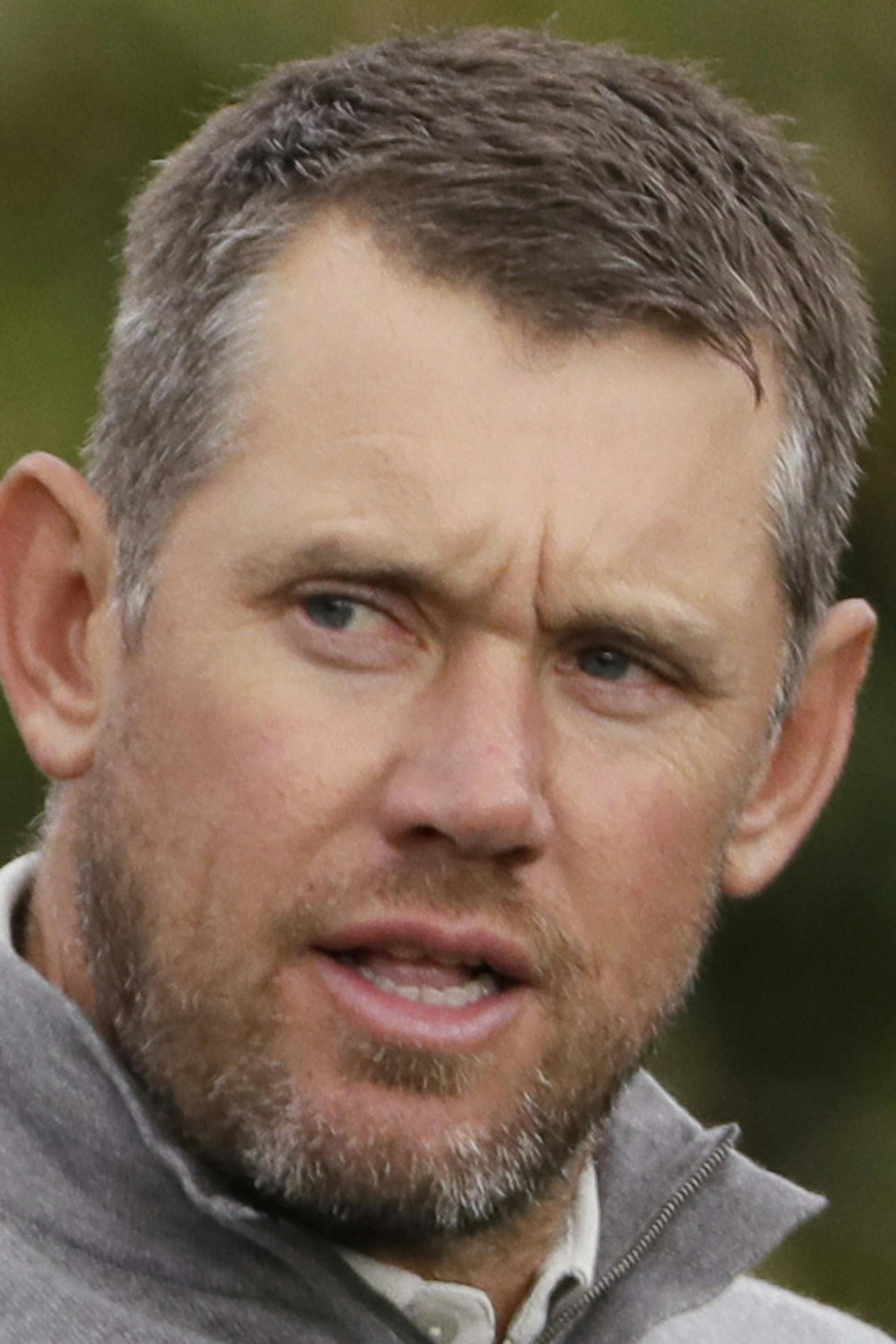 Europe's Lee Westwood talks to Europe captain Darren Clarke during a practice round for the Ryder Cup golf tournament Wednesday, Sept. 28, 2016, at Hazeltine National Golf Club in Chaska, Minn. (AP Photo/David J. Phillip)