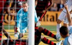 Portland goalie Jeff Attinella (1) reacted after a wrong way goal by teammate Amobi Okugo in the first half giving Minnesota a 1-0 lead.