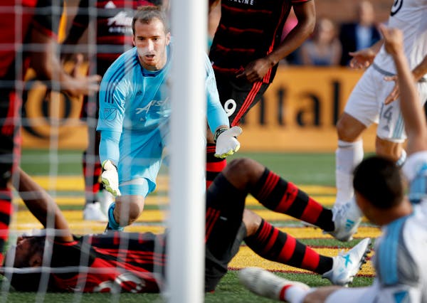Portland goalie Jeff Attinella (1) reacted after a wrong way goal by teammate Amobi Okugo in the first half giving Minnesota a 1-0 lead.