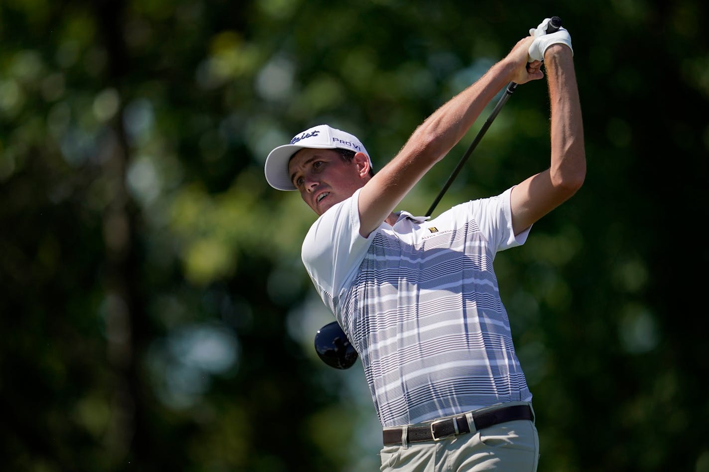 Chesson Hadley hits off the 11th tee during the second round of the 3M Open golf tournament at the Tournament Players Club in Blaine, Minn., Friday, July 22, 2022. (AP Photo/Abbie Parr)