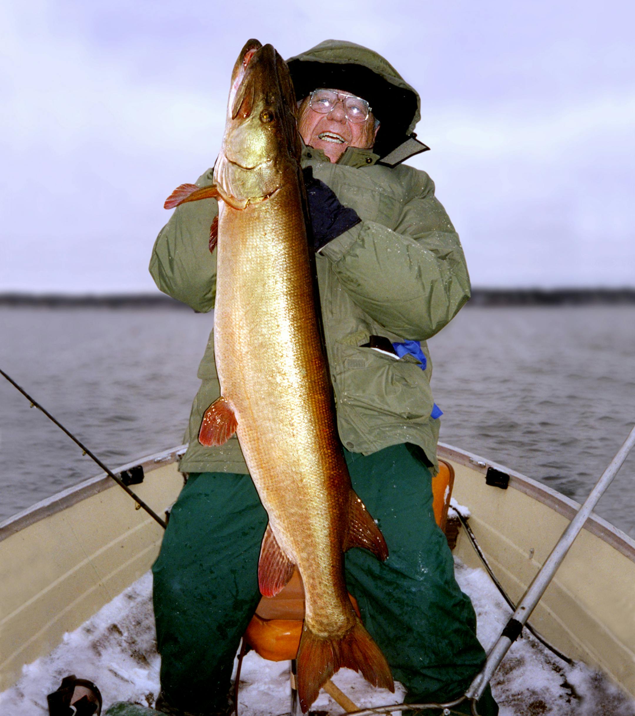 Hugh Becker hefts a 35-pound muskie he caught and released on a cold November day in 2000, likely on a Minnesota lake. Becker died in 2007 at age 89. The earnings from his $3 million estate goes to Muskies Inc. and a Wisconsin rod and gun club. ORG XMIT: MIN1306071251313922