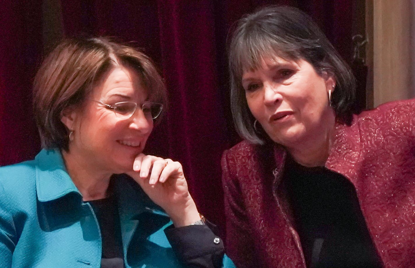 Senator Amy Klobuchar and Rep. Betty McCollum talked in their box at the Fitzgerald Theater before the start of swearing in ceremonies for Governor Tim Walz and other constitutional officers. ] GLEN STUBBE &#x2022; glen.stubbe@startribune.com Monday, January 7, 2019