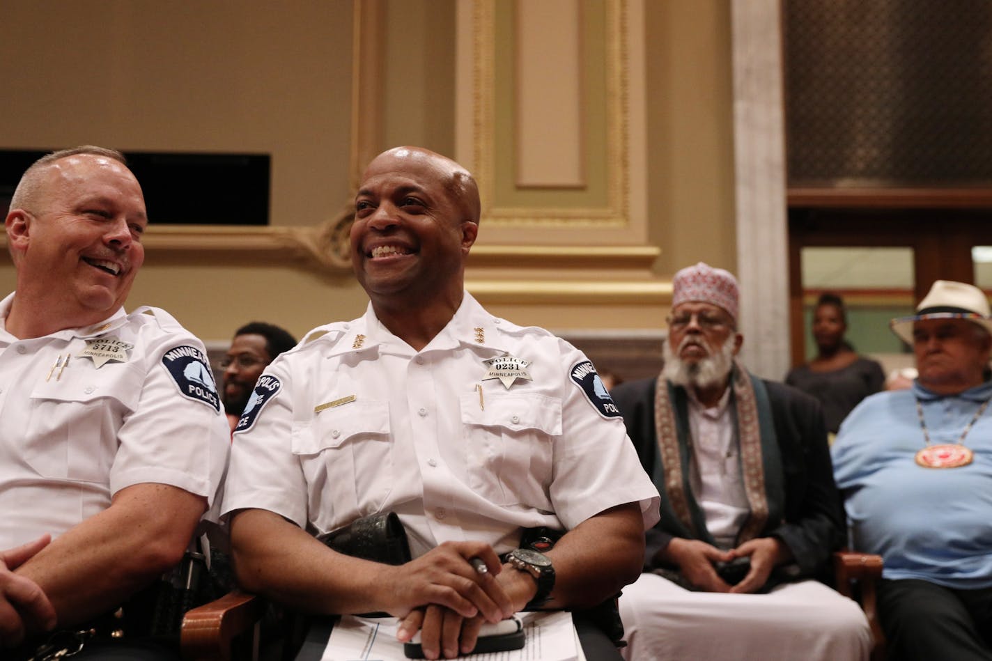 Acting police chief Medaria �Rondo� Arradondo laughed at the end of the public hearing.