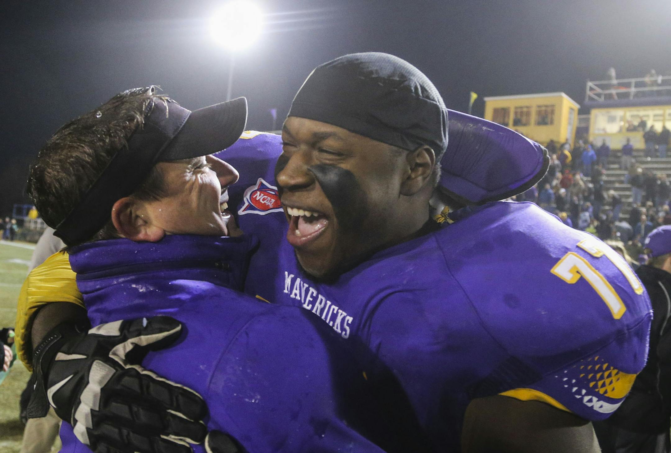 Mavericks coach Todd Hoffner and defensive tackle Bryan Keys whooped it up after the victory, MSU Mankato’s 14th of the season.