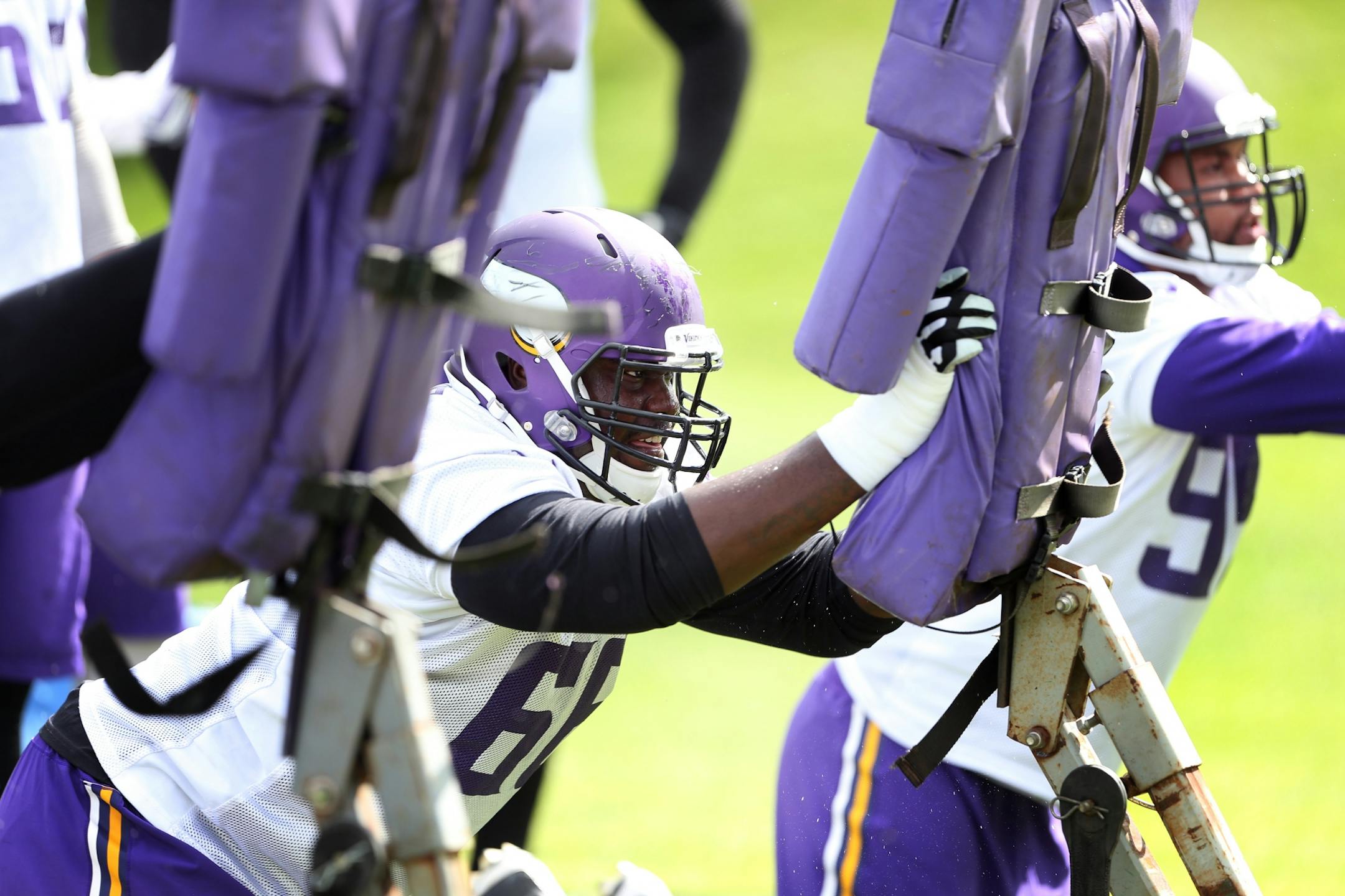 Vikings tackle Ellis Ellis worked on drills during OTA's Wednesday at Winter Park June 15, 2016 in Eden Prairie, MN.