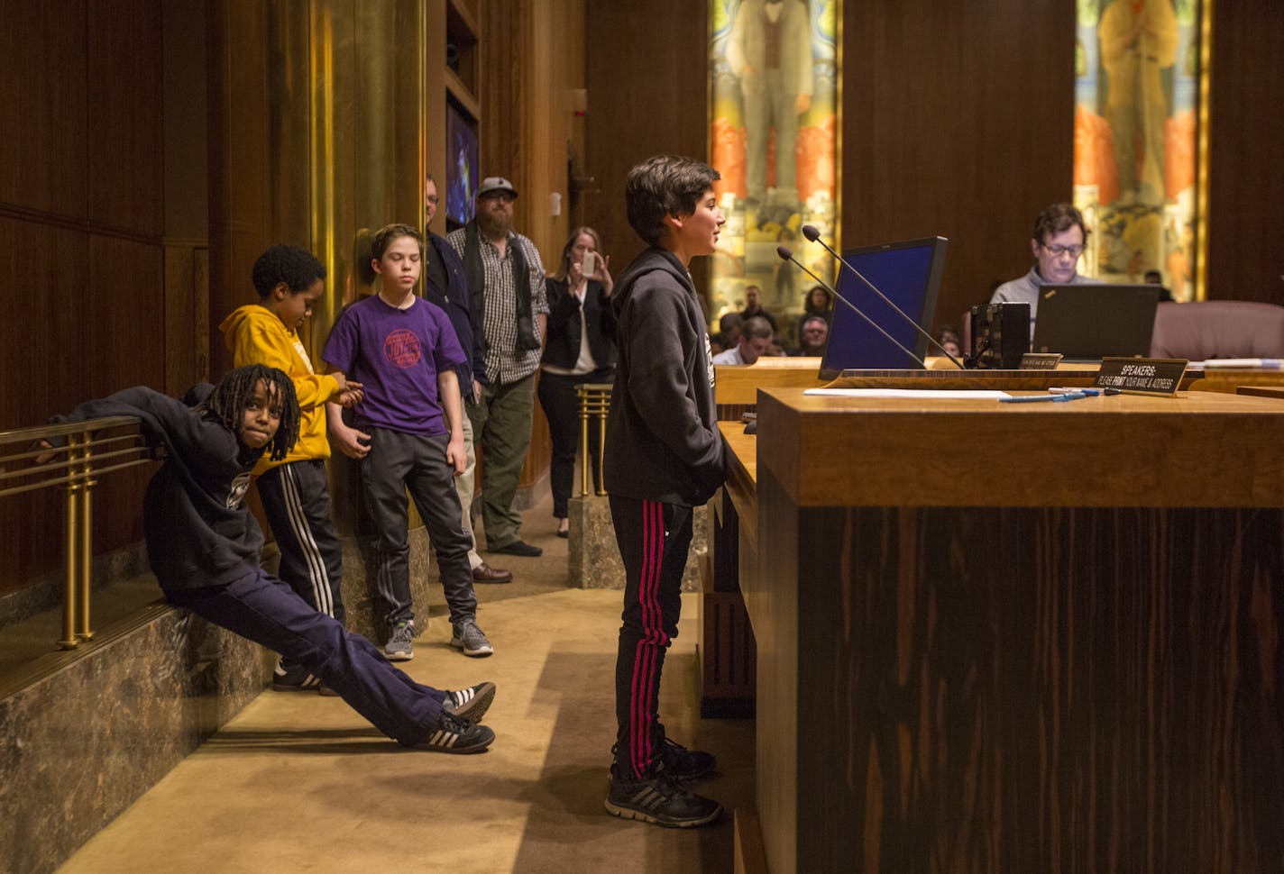 Gabriel Eduarte, 12, spoke for himself and classmates at Marcy Open School in support of the soccer stadium during the St. Paul City Council meeting on Wednesday, March 2, 2016, in St. Paul, Minn. ] RENEE JONES SCHNEIDER &#x2022; reneejones@startribune.com Just under two dozen supporters of the stadium lined up to tell the council members why they should approve the stadium.