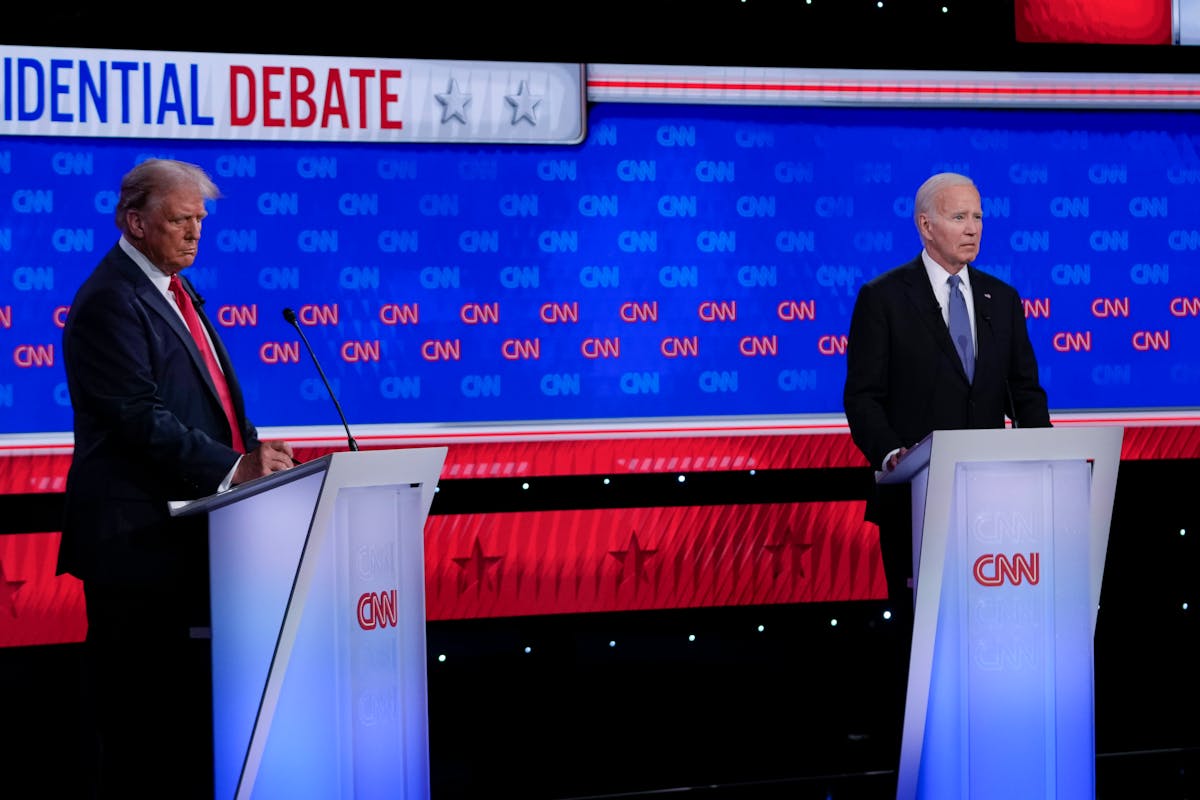 President Joe Biden, right, and Republican presidential candidate former President Donald Trump, left, during a presidential debate hosted by CNN, Thu