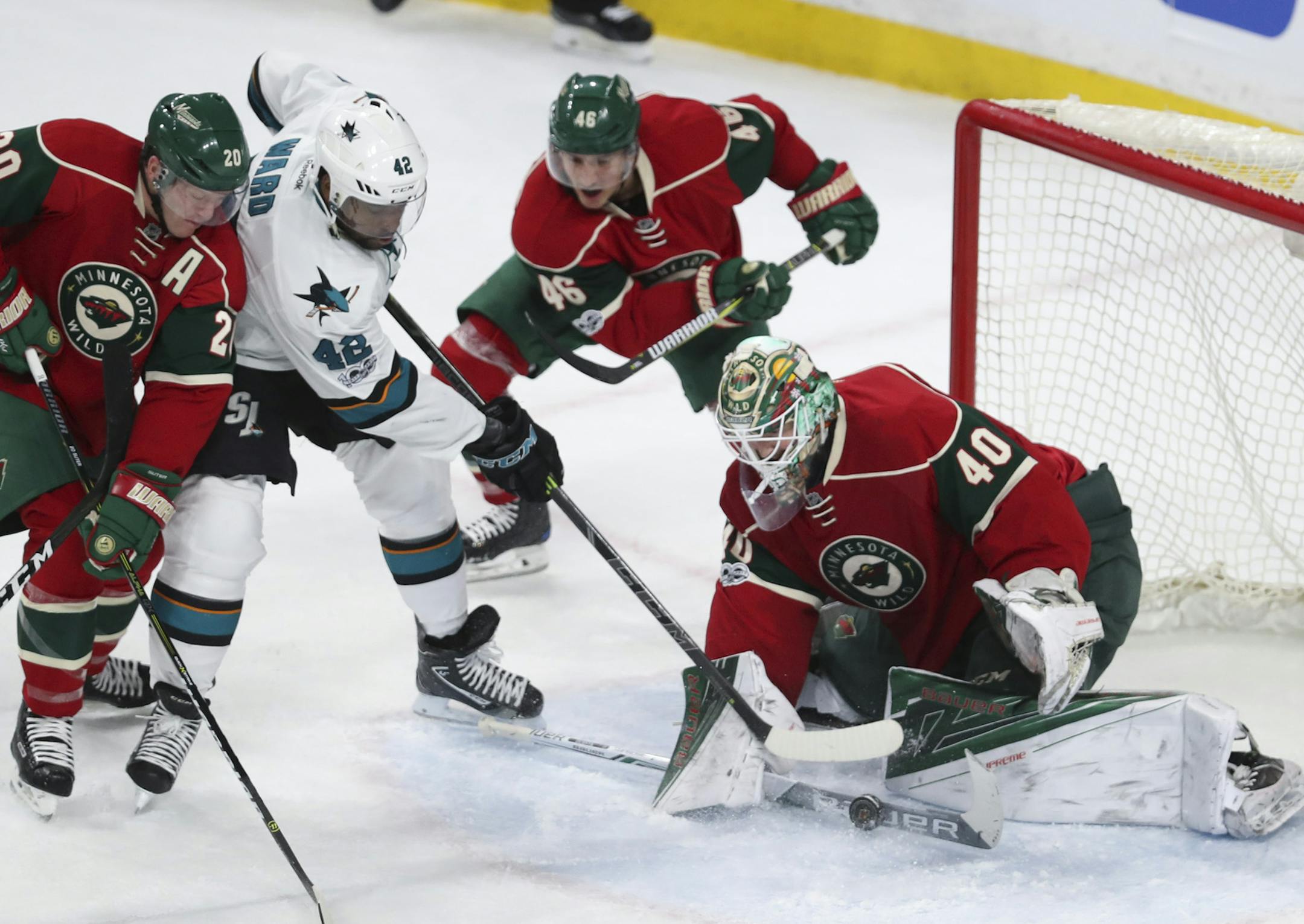 Minnesota Wild goalie Devan Dubnyk (40) made a stick save of a shot by San Jose Sharks right wing Joel Ward (42) in the third period. ] JEFF WHEELER ï jeff.wheeler@startribune.com The MInnesota Wild beat the San Jose Sharks 3-2 in an NHL hockey game Tuesday night, March 21, 2017 at Xcel Energy Center in St. Paul.