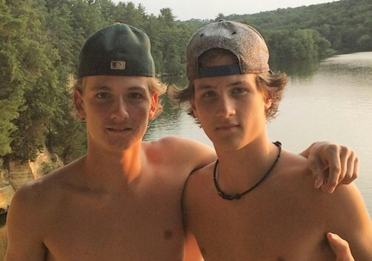 Ty Alyea, left, and Cole Borchardt posed near the cliffs Wednesday along the Cannon River. That night, Alyea was killed in an SUV crash on the way back to Burnsville and Borchardt was critically injured.