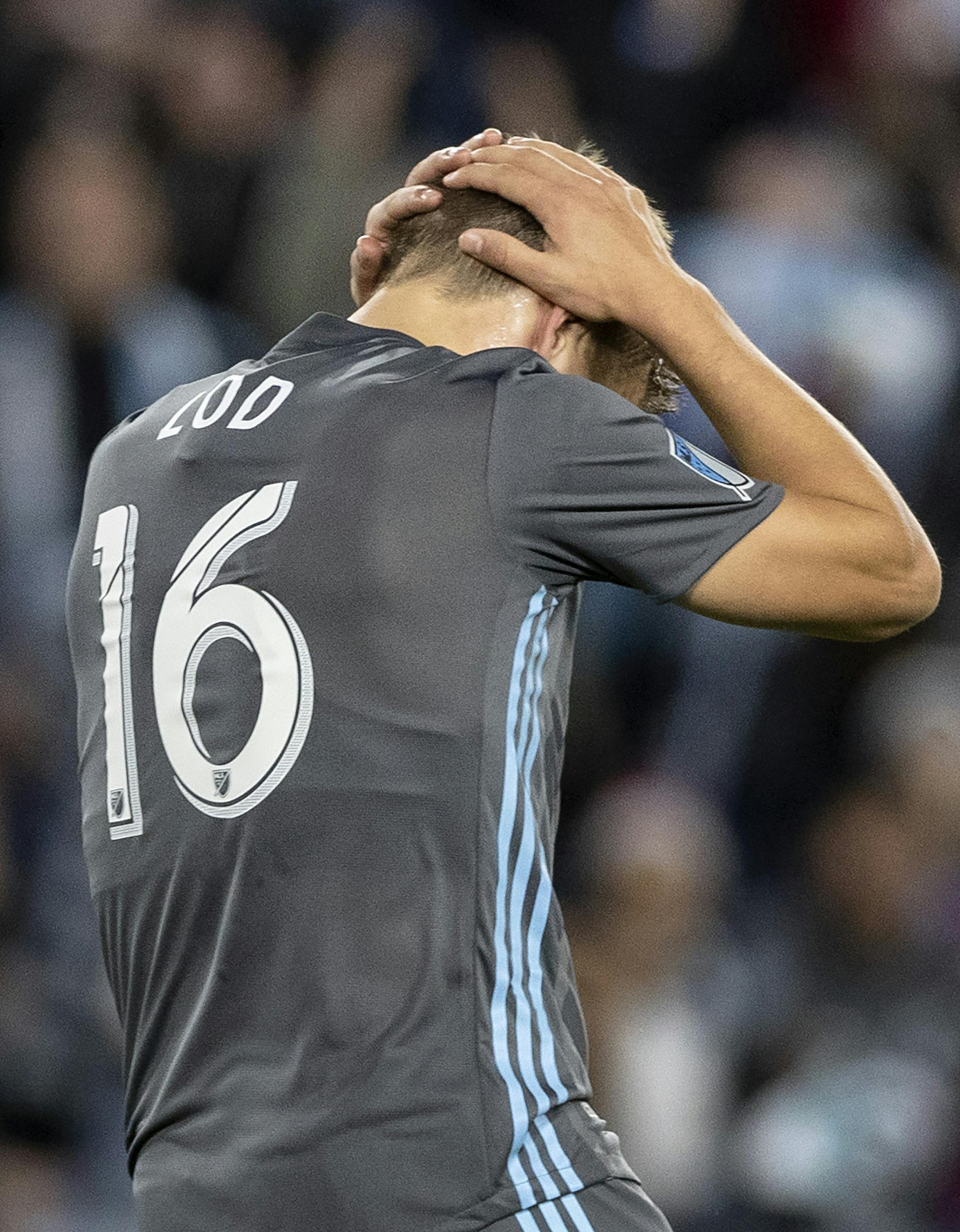 Robin Lod of Minnesota United FC reacted after a missed scoring opportunity in the first half. ] CARLOS GONZALEZ • cgonzalez@startribune.com – St. Paul, MN – October 20, 2019, Allianz Field, MLS, Soccer, First home playoff game in MLS for Minnesota United FC Loons vs. Los Angeles LA Galaxy