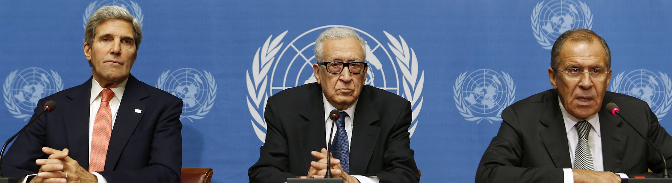 U.S. Secretary of State John Kerry, left, U.N. Special Representative Lakhdar Brahimi, center, and Russian Foreign Minister Sergei Lavrov deliver a statement to the media after a meeting discussing Syria at the United Nations offices in Geneva, Switzerland, Friday, Sept. 13, 2013. Kerry and Lavrov said Friday the prospects for a resumption in the Syria peace process are riding on the outcome of their chemical weapons talks. (AP Photo/Larry Downing, Pool)
