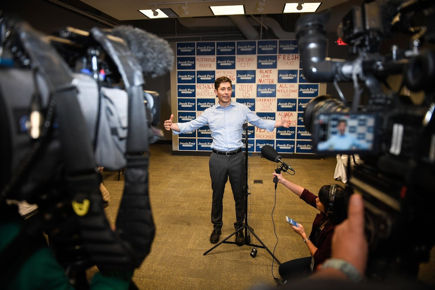 Minneapolis mayor-elect Jacob Frey spoke to the media at his headquarters after the announcement that he won Tuesday night's mayoral election.