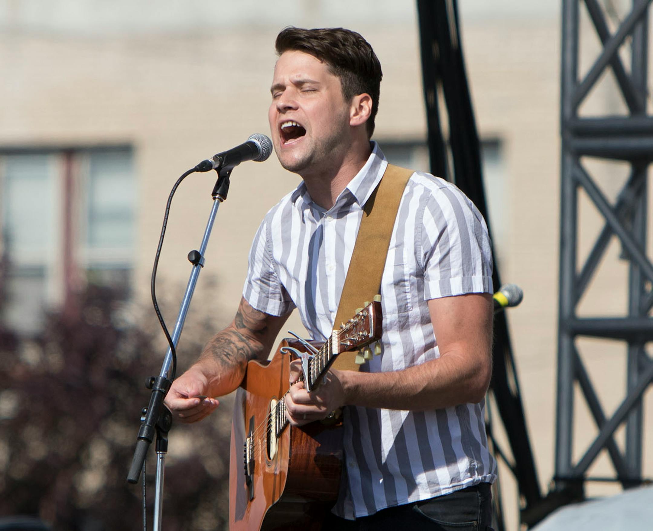 Matt Hires performs on the Great Clips Stage on day one of the 2016 Basilica Block Party on July 8, 2016 at the Basilica in Minneapolis, Minn.