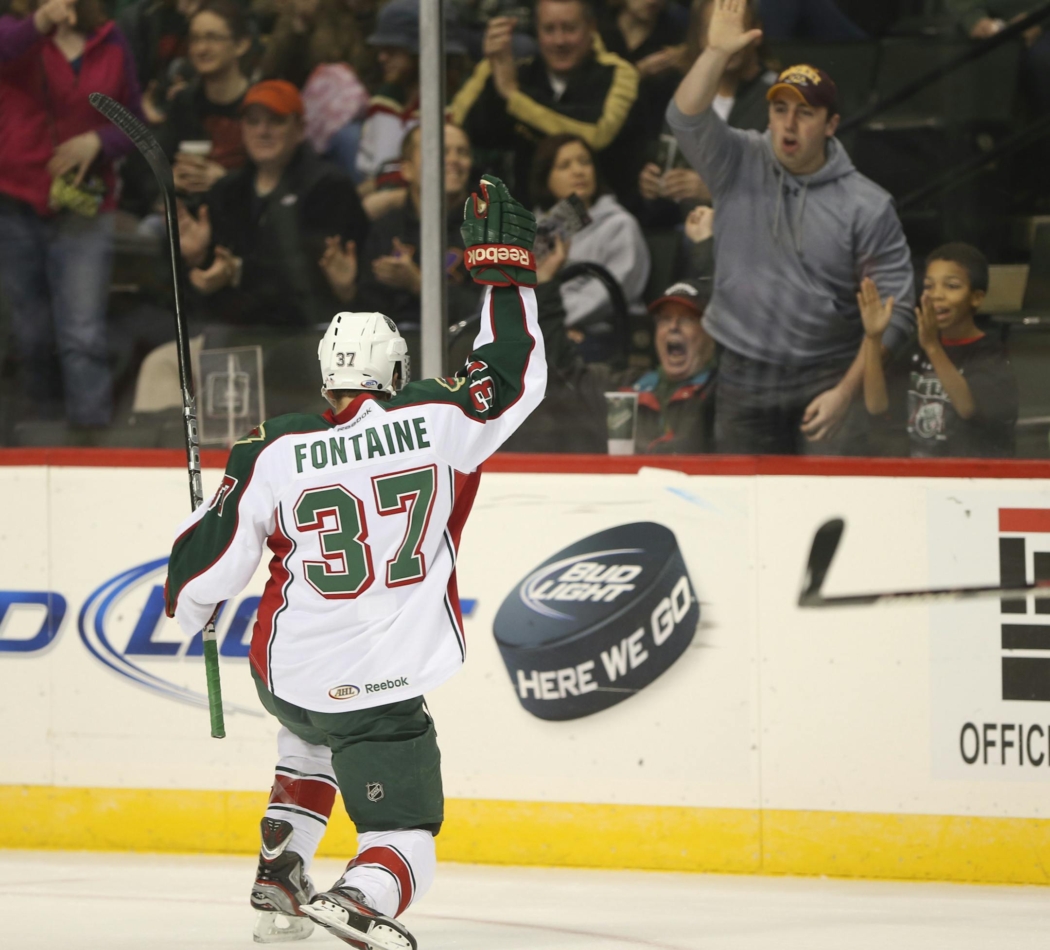 The Houston Aeros faced the Rockford Icehogs in hockey game Sunday evening, November 18, 2012 at Xcel Energy Center in St. Paul, Minn. The Aeros' Justin Fontaine celebrated his first period goal on a power play. ] JEFF WHEELER ‚Ä¢ jeff.wheeler@startribune.com ORG XMIT: MIN1211181814430728