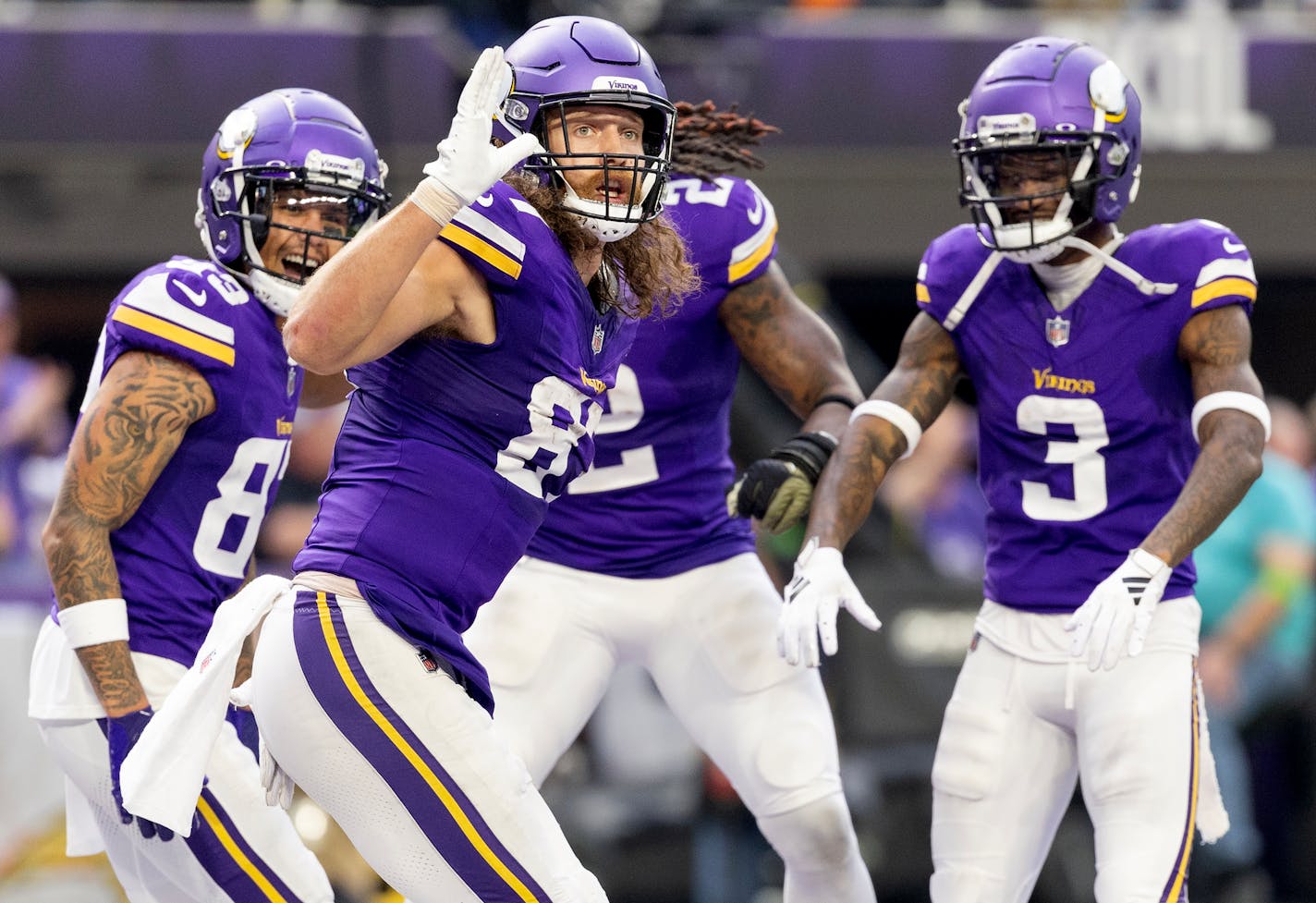 Minnesota Vikings tight end T.J. Hockenson (87) celebrates a touchdown in the second quarter Sunday, November 12, 2023, at U.S. Bank Stadium in Minneapolis, Minn. ] CARLOS GONZALEZ • carlos.gonzalez@startribune.com