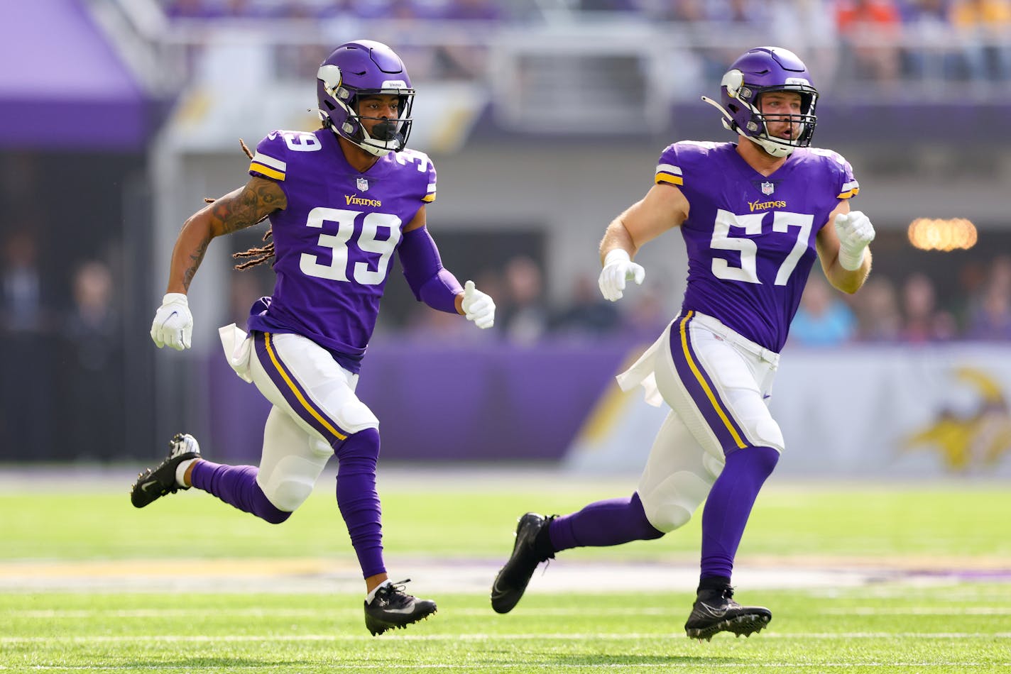 Minnesota Vikings defensive back Parry Nickerson (39) and inside linebacker Ryan Connelly (57) during an NFL football game against the Cleveland Browns, Sunday, Oct. 3, 2021 in Minneapolis. Cleveland won 14-7. (AP Photo/Stacy Bengs)