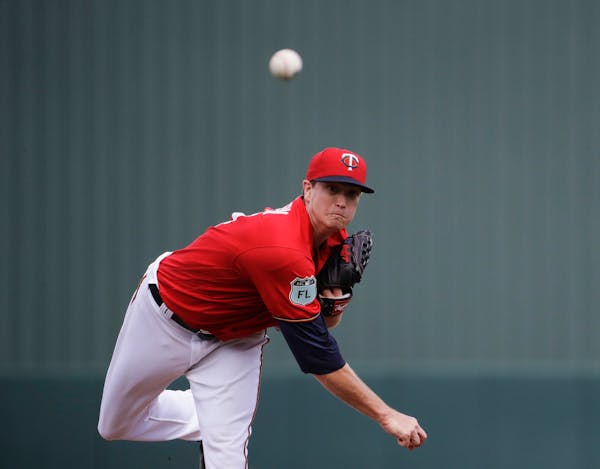 Minnesota Twins starting pitcher Kyle Gibson throws in the first inning of an exhibition spring training baseball game against the Pittsburgh Pirates 