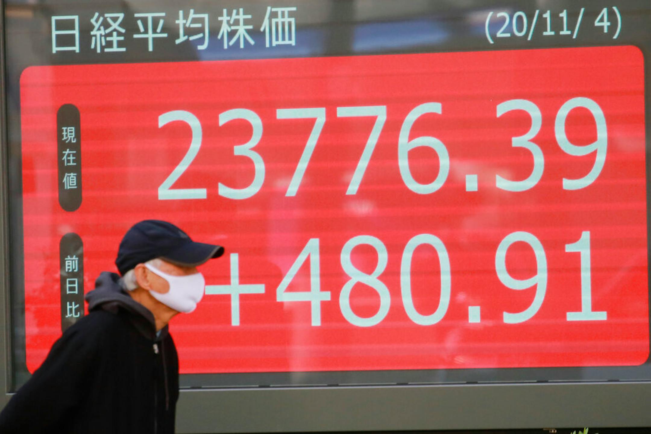 A man walks by an electronic stock board of a securities firm in Tokyo, Wednesday, Nov. 4, 2020. (AP Photo/Koji Sasahara)