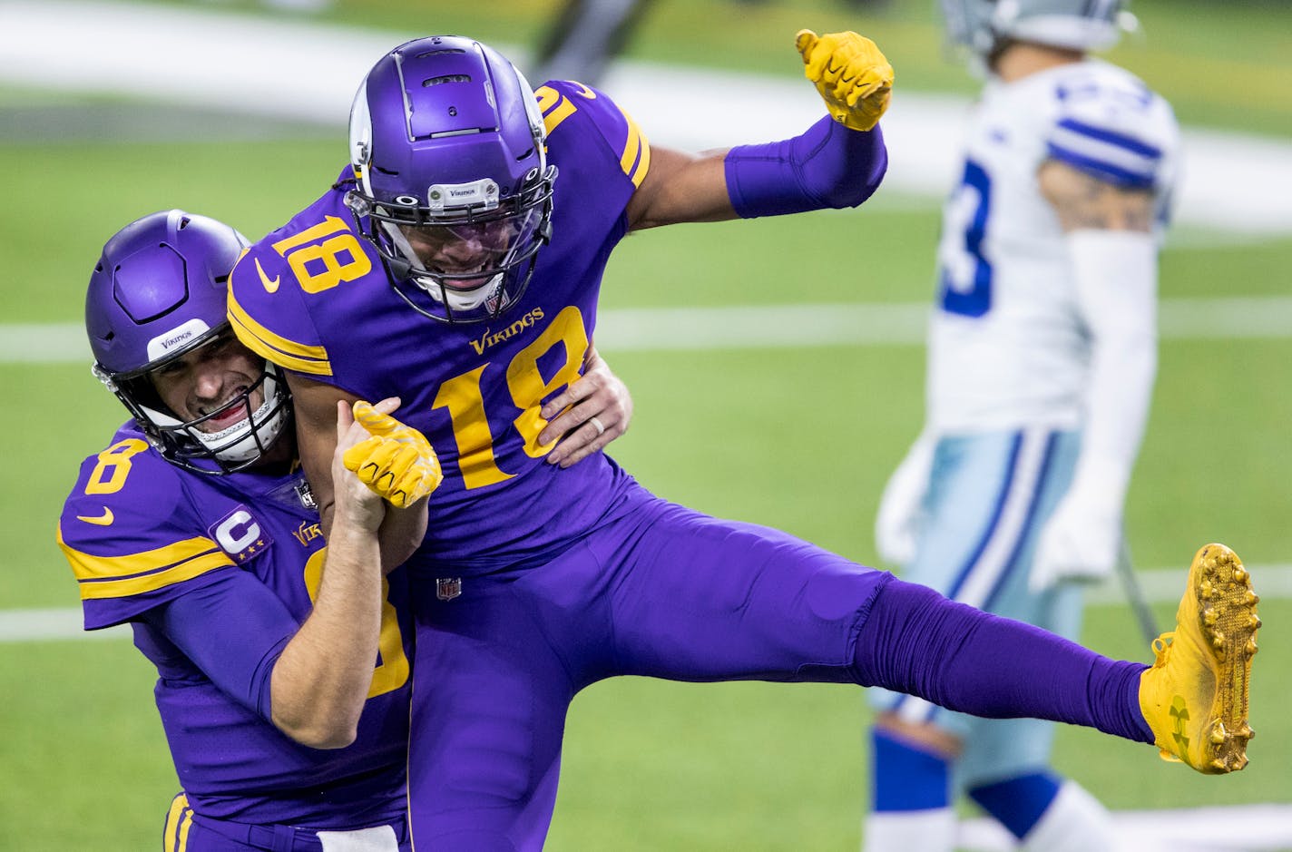 Vikings quarterback Kirk Cousins and receiver Justin Jefferson celebrated a 39-yard touchdown pass in the fourth quarter vs. Dallas last week.