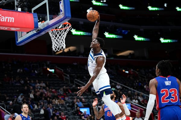 Wolves guard Anthony Edwards threw down a dunk in Wednesday’s loss to Detroit. He is listed as questionable for the Phoenix game because of a hip in