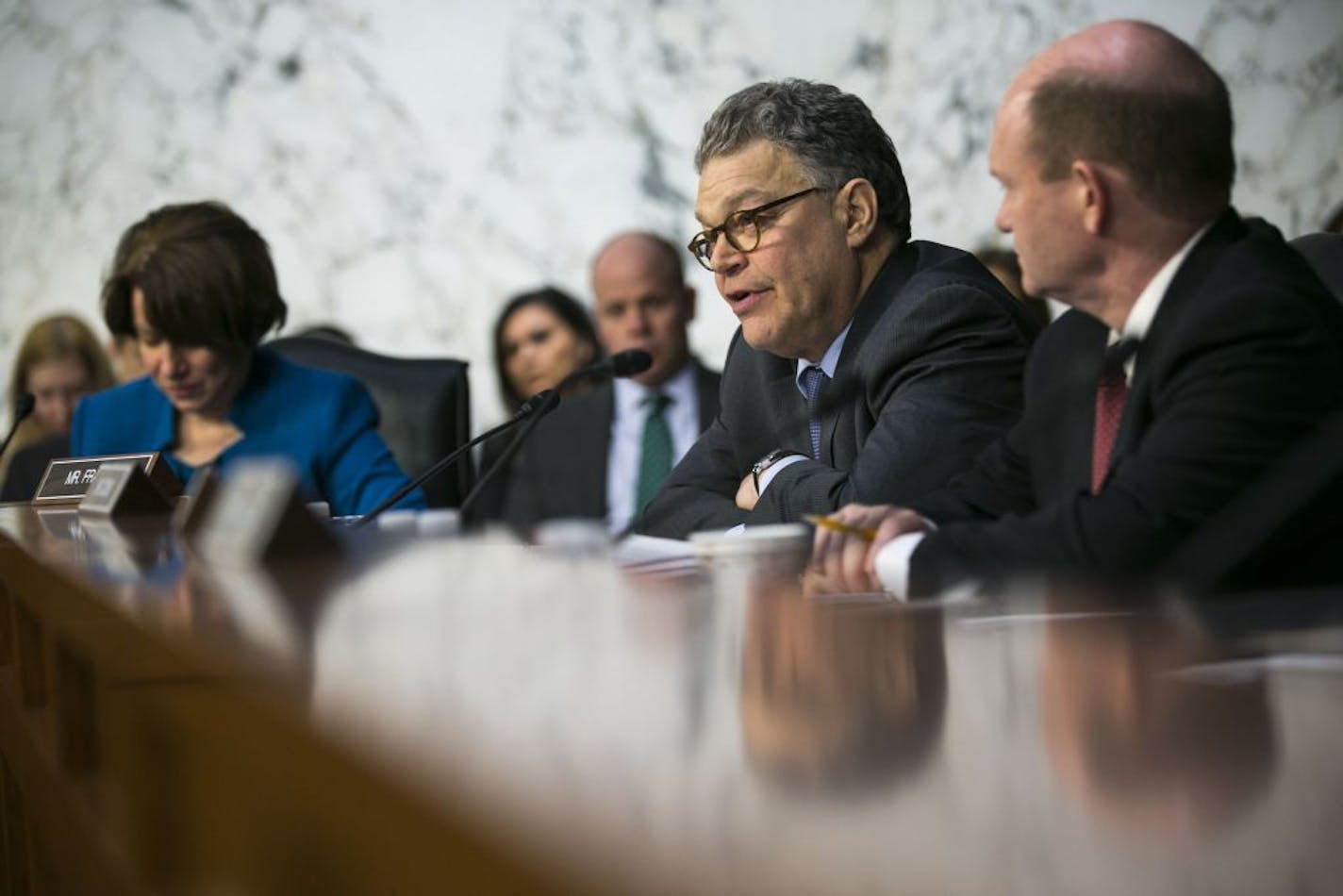 Sen. Al Franken (D-Minn.) questions Judge Neil Gorsuch, President Trump�s nominee for the Supreme Court, on the second day of his confirmation hearing before the Senate Judiciary Committee on Capitol Hill, in Washington, March 21, 2017.