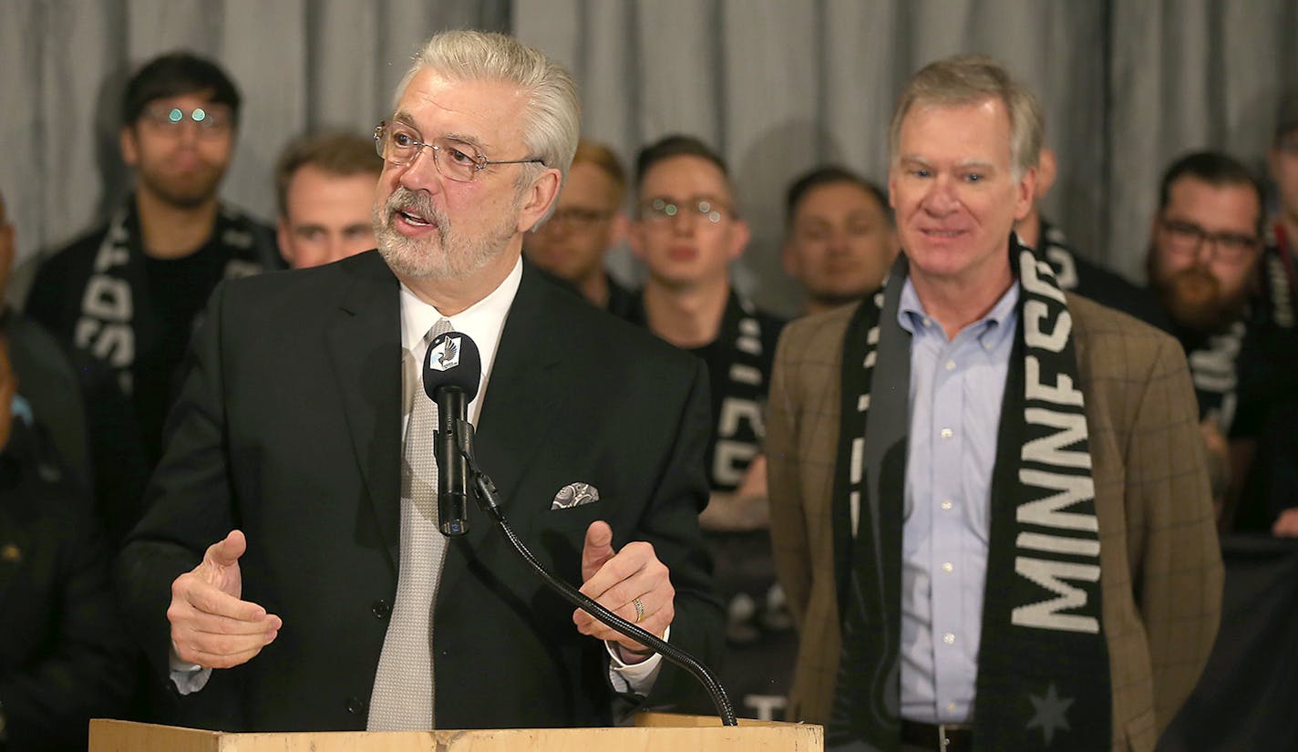 Bill McGuire, owner of the Minnesota United Football Club, announced hat the new MLS team will play in a new stadium to be built near University and Snelling avenues during press conference, Friday, October 23, 2015 in St. Paul, MN. ] (ELIZABETH FLORES/STAR TRIBUNE) ELIZABETH FLORES &#x2022; eflores@startribune.com