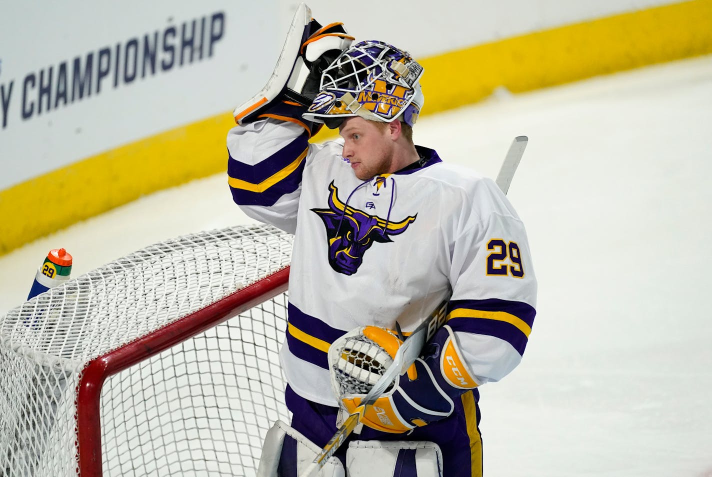 Minnesota St. goaltender Dryden McKay reacts after giving up a goal to Quinnipiac forward Odeen Tufto in the first period of an NCAA West Regional college hockey semifinal game Saturday, March 27, 2021, in Loveland, Colo. (AP Photo/David Zalubowski)