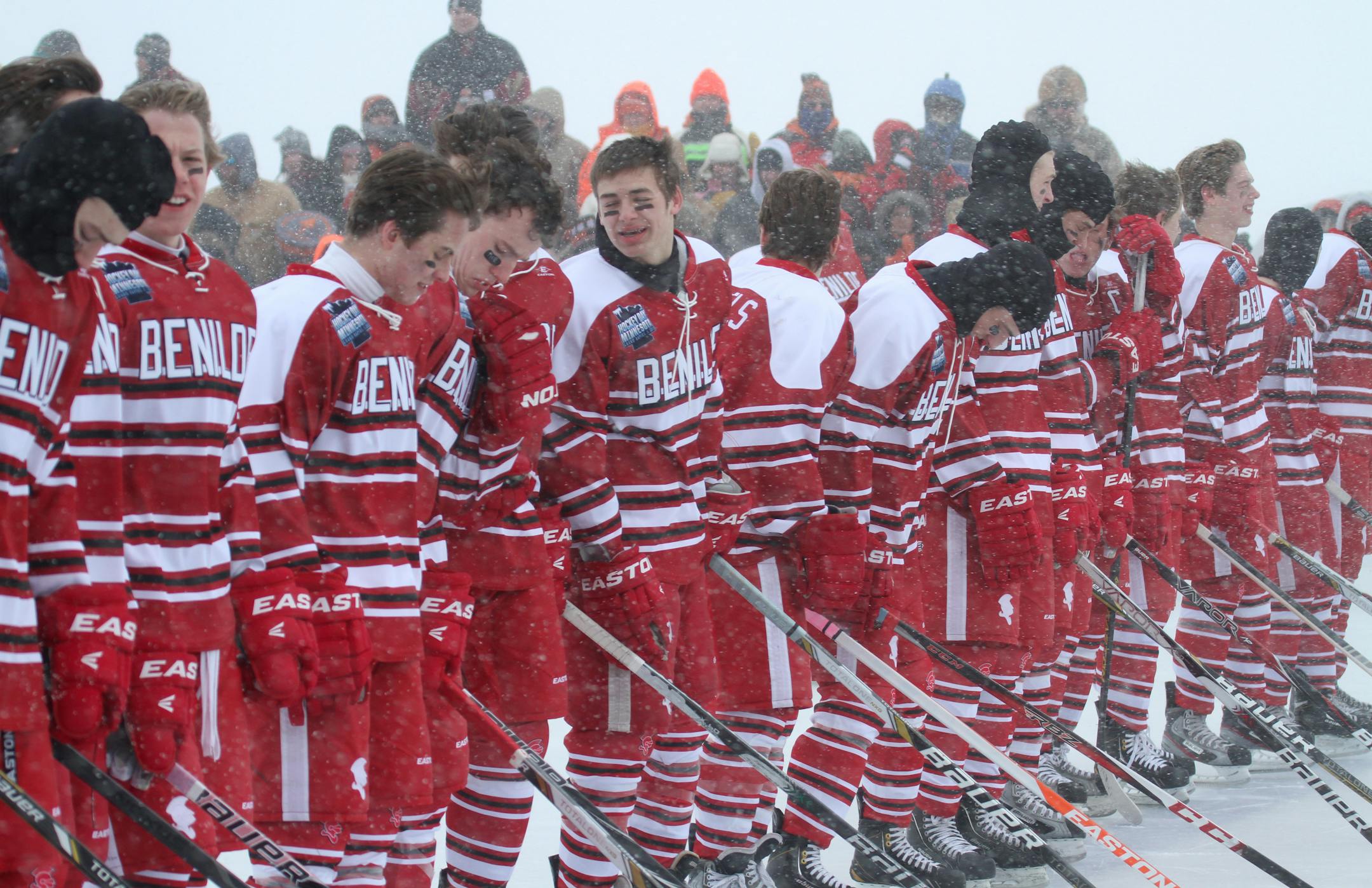 Benilde-St. Margaret's freshman Alec Baer (center, facing camera) will watch his former teammates play Wednesday night for a chance to return to the boys' hockey state tournament. The 15-year-old missed a practice earlier this month to visit Vancouver of the Western Hockey League. Three days later he found out he was no longer a Red Knight.