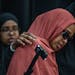 Sundus Adan Odhowa and Sundus Mohamoud Ali (L to R) speak at a press conference calling for an independent investigation of a crash that killed five l