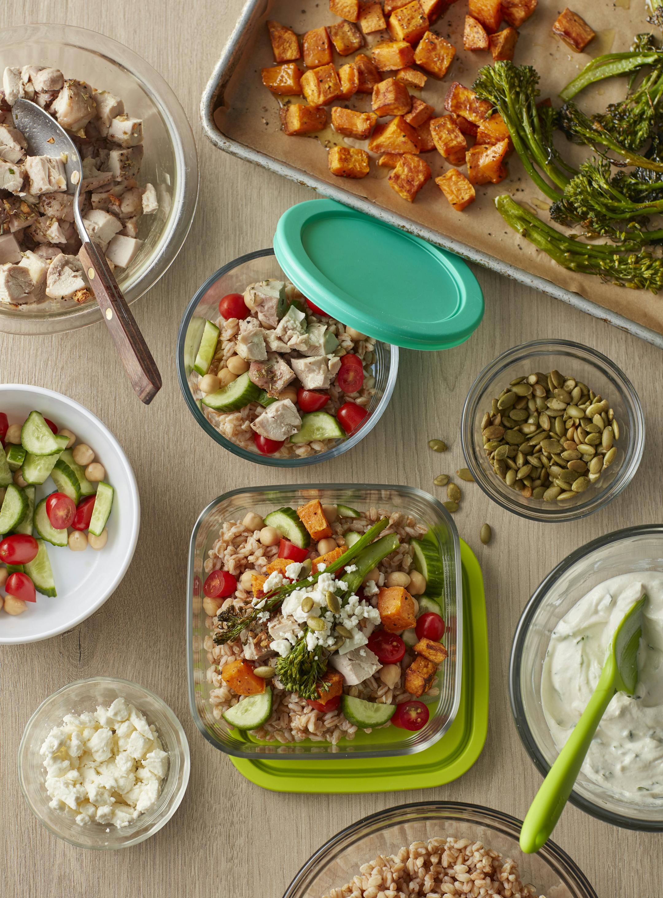 Mediterranean Chicken, Roasted Vegetables and Farro Bowls
Photos by Dennis Becker Photography