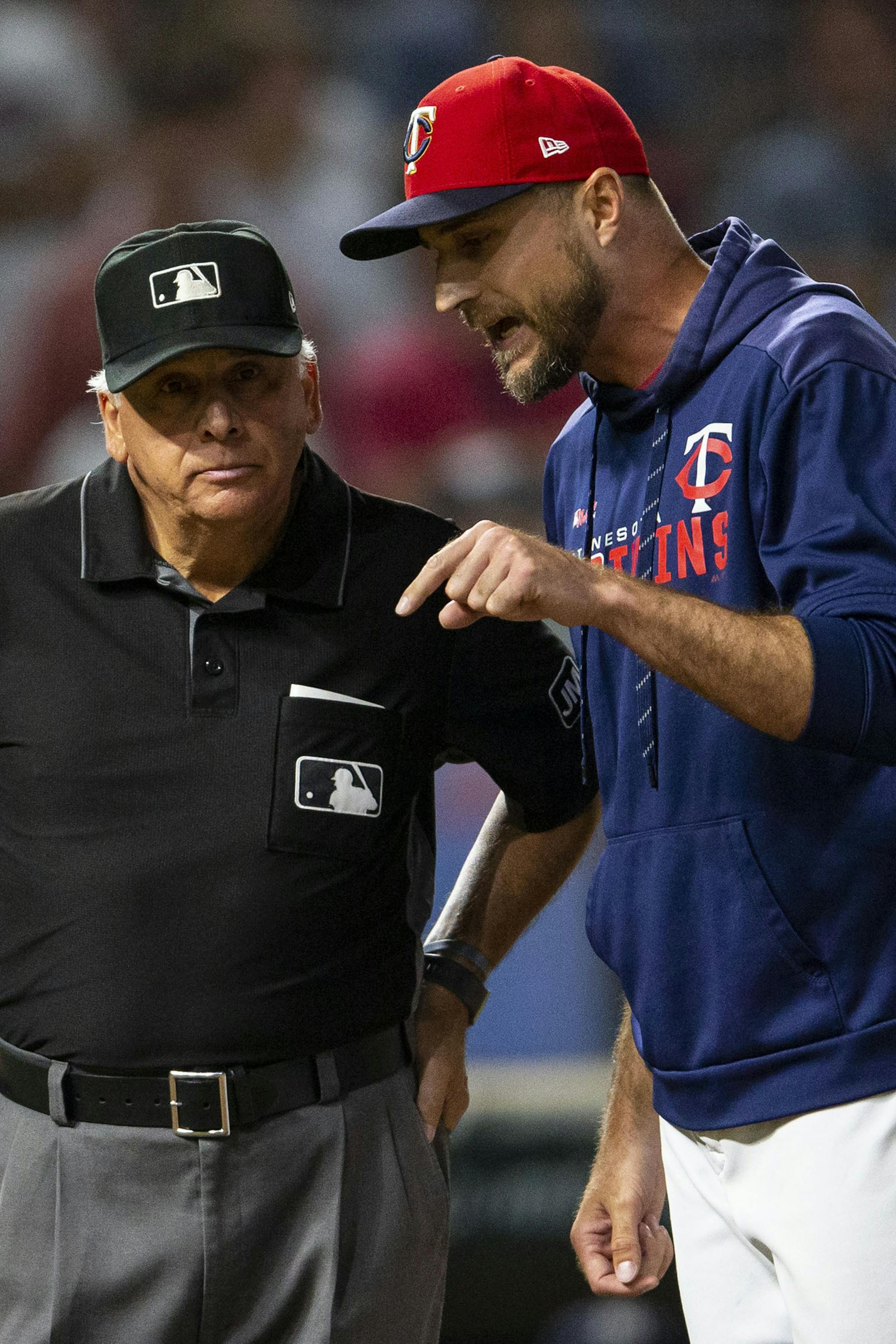Minnesota Twins manager Rocco Baldelli (5) argues with the third base umpire after getting tossed from the ball game. ALEX KORMANN &#xa5; alex.kormann@startribune.com The Minnesota Twins took on the New York Yankees at Target Field on Tuesday July 23, 2019 in the second game of a three game series. Minnesota comes in hot after a close 8-6 win Monday night that included a first inning triple play.