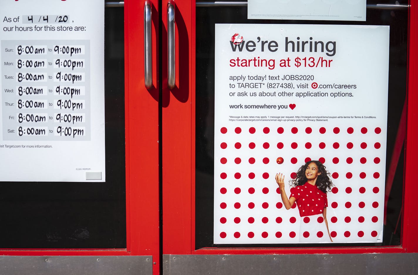 The Target on Miller Trunk Hwy. in Duluth, MN has a hiring sign on the front of it's entrance doors. ]
ALEX KORMANN &#x2022; alex.kormann@startribune.com 18,000 local workers have filed for unemployment. There are a few places in Duluth, MN, however, that are still advertising for hire positions.