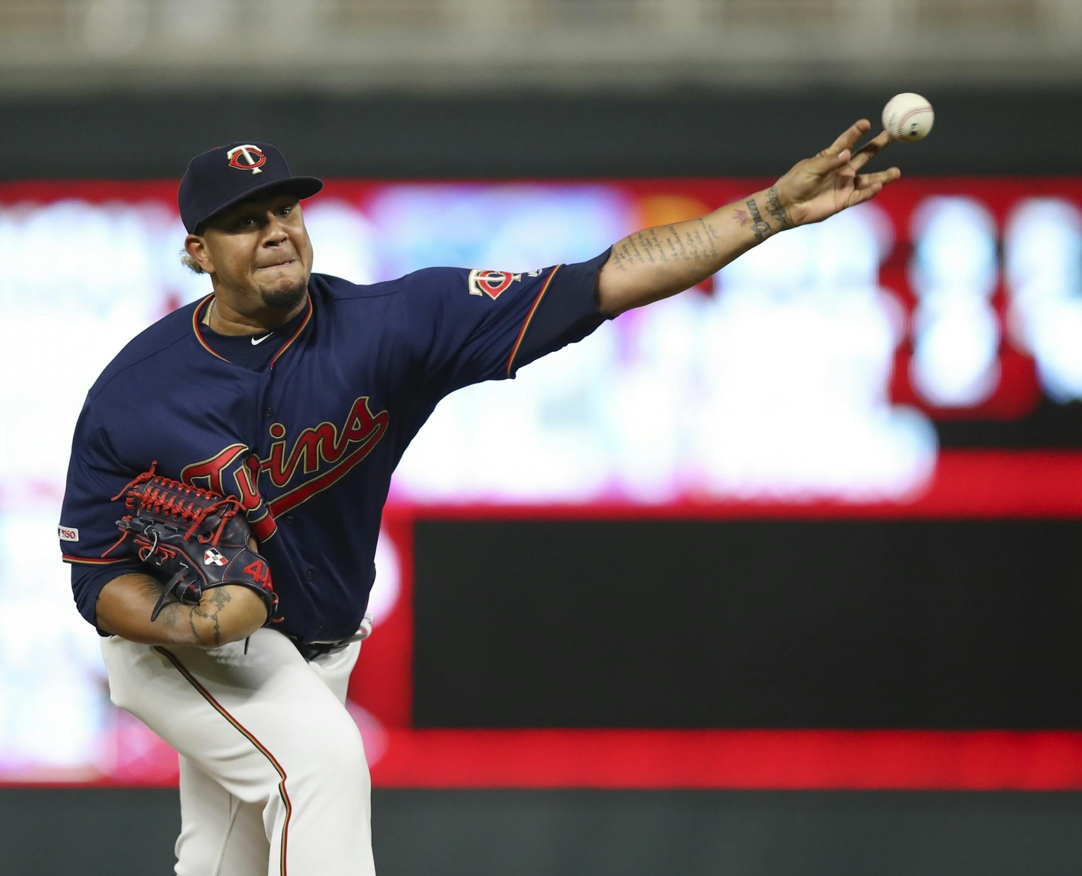 Minnesota Twins relief pitcher Adalberto Mejia pitching to Toronto in the sixth inning.
