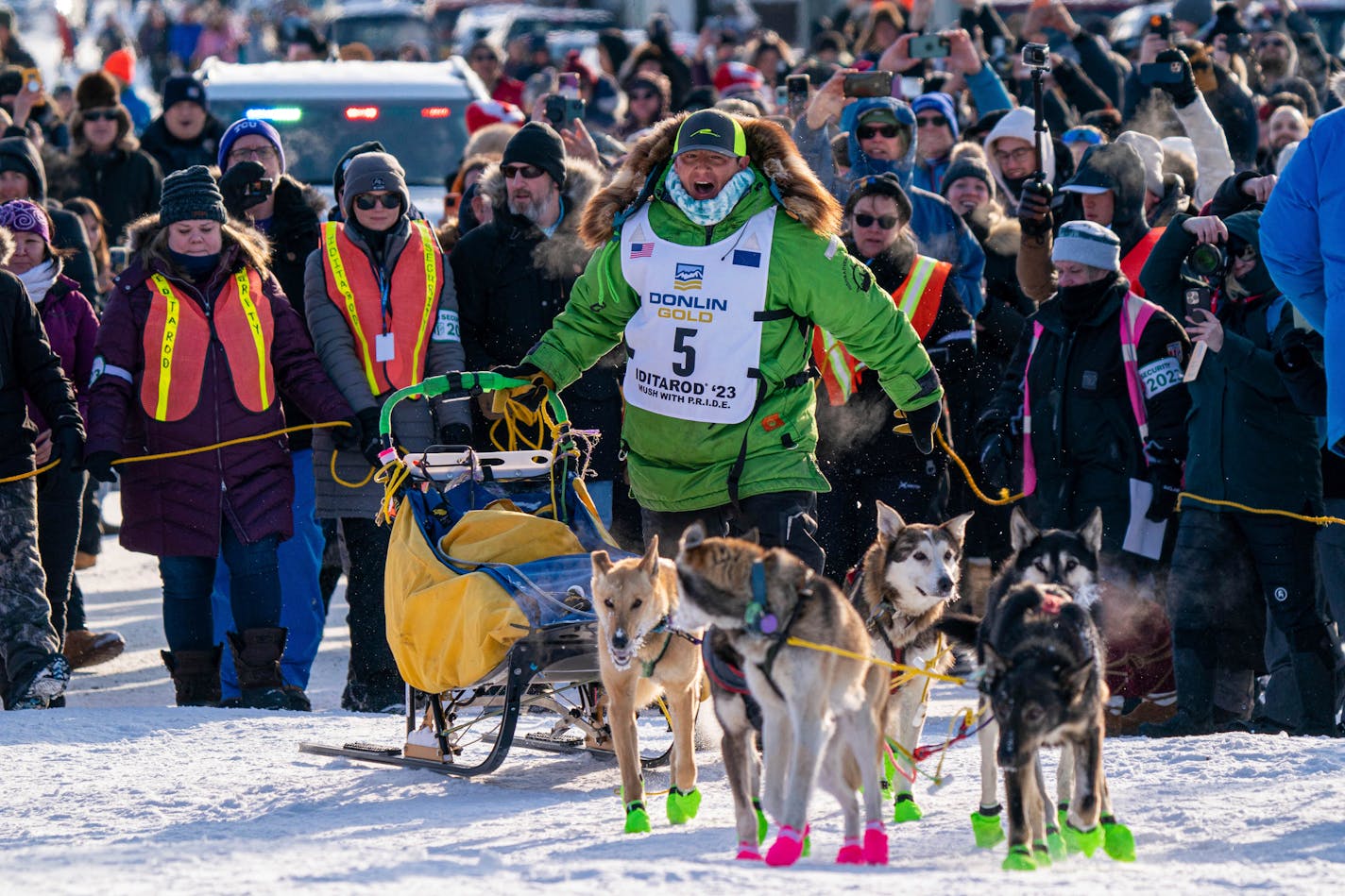 Ryan Redington mushed down Front Street to win the 2023 Iditarod Trail Sled Dog Race Tuesday, March 14, 2023 in Nome, Alaska. Redington, 40, is the grandson of Joe Redington Sr., who helped co-found the arduous race across Alaska that was first held in 1973 and is known as the "Father of the Iditarod." (Loren Holmes/Anchorage Daily News via AP)