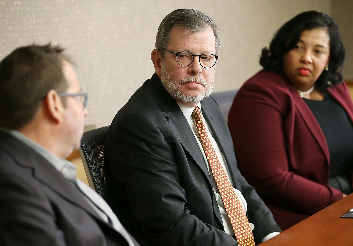 The University of Minnesota President Eric Kaler, center, along with search committee co-chairs Perry Leo, left, and Katrice Albert, right, dressed the media during a press conference at the Laurence Laukka Conference Room at McNamara Alumni Center, Wednesday, March 23, 2016 in Minneapolis, MN. ] (ELIZABETH FLORES/STAR TRIBUNE) ELIZABETH FLORES &#x2022; eflores@startribune.com